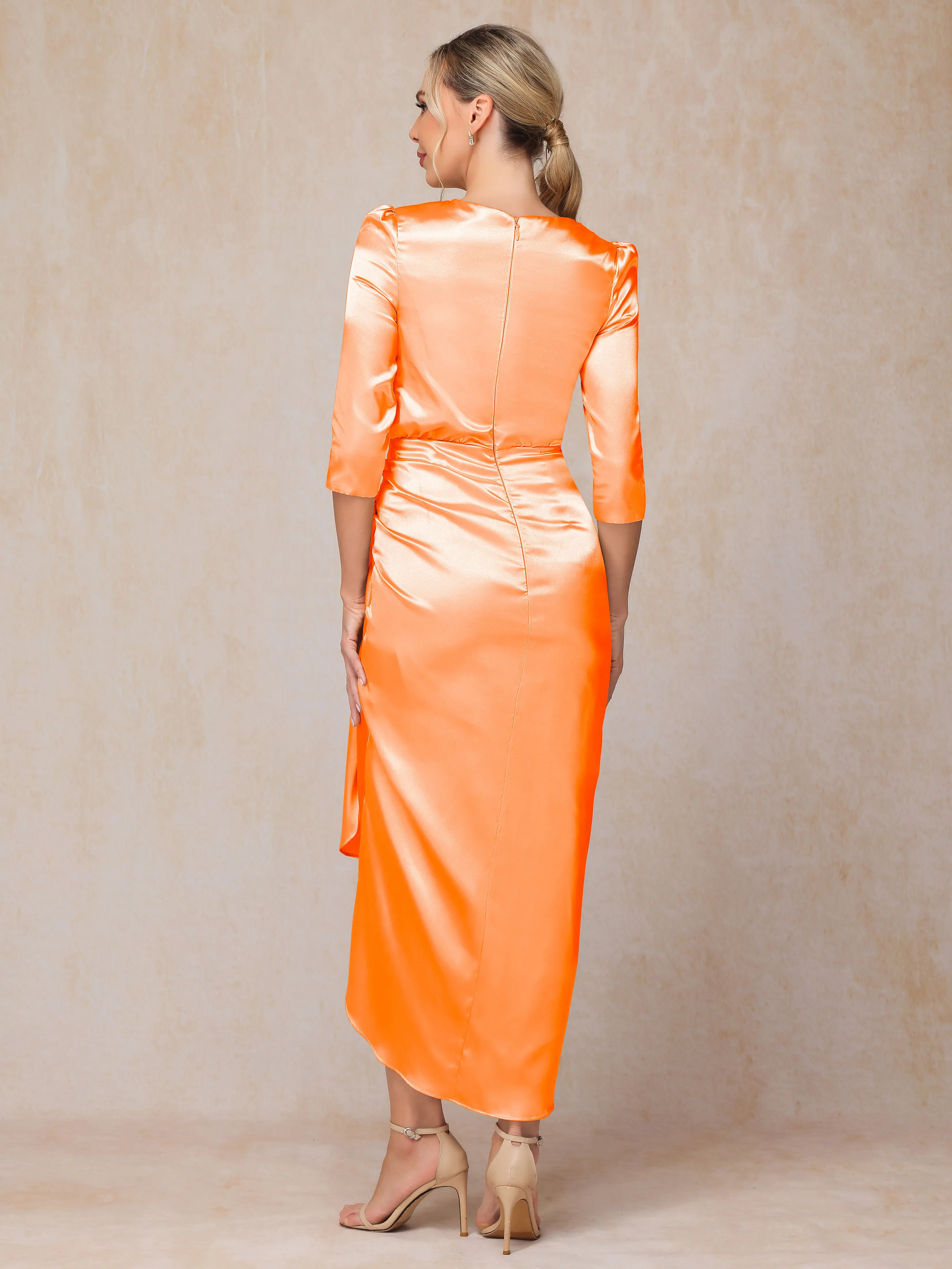 Asymmetrical Scoop 3/4 Length Sleeves Soft Satin Mother of the Bride Dresses