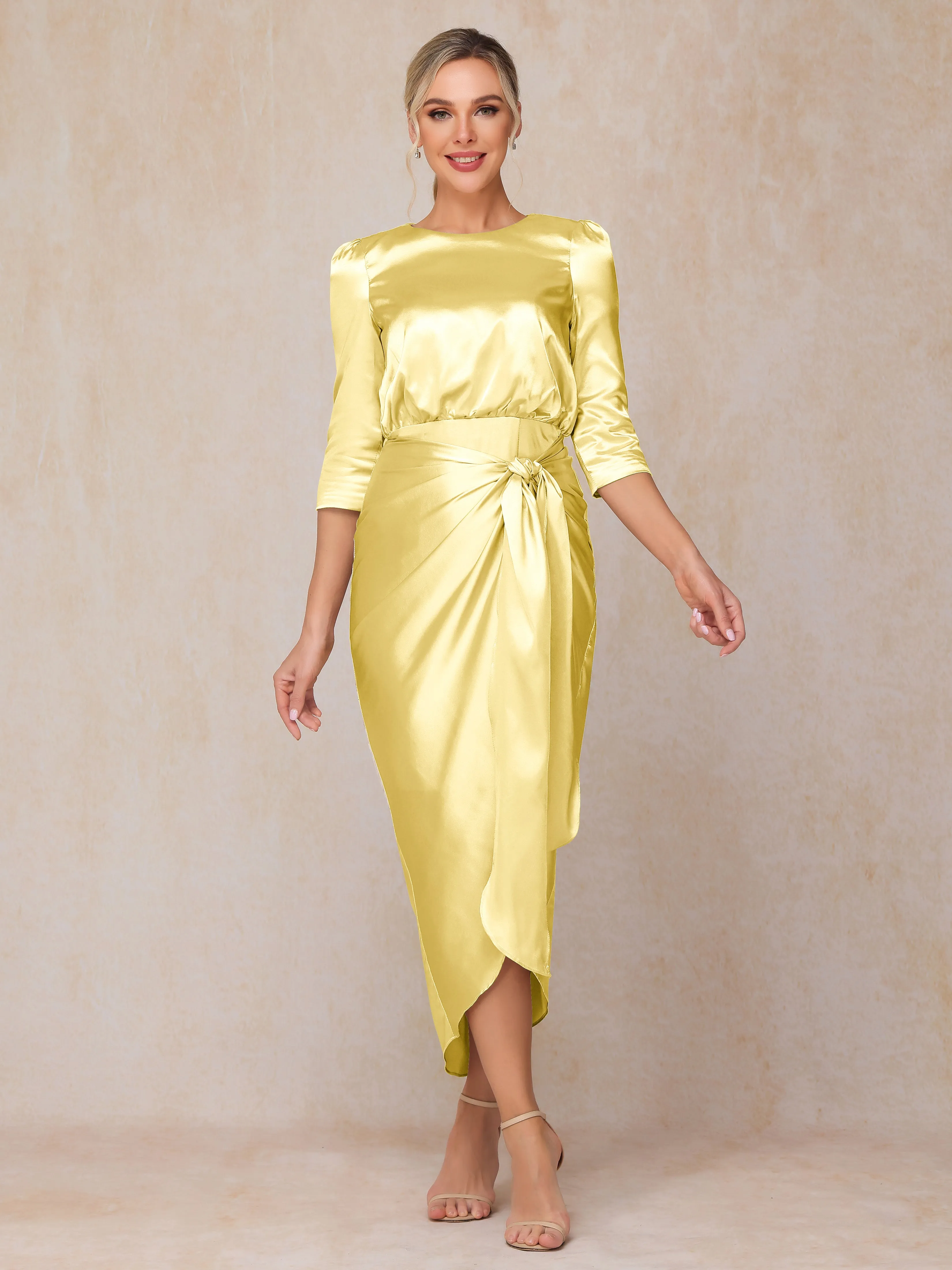 Asymmetrical Scoop 3/4 Length Sleeves Soft Satin Mother of the Bride Dresses