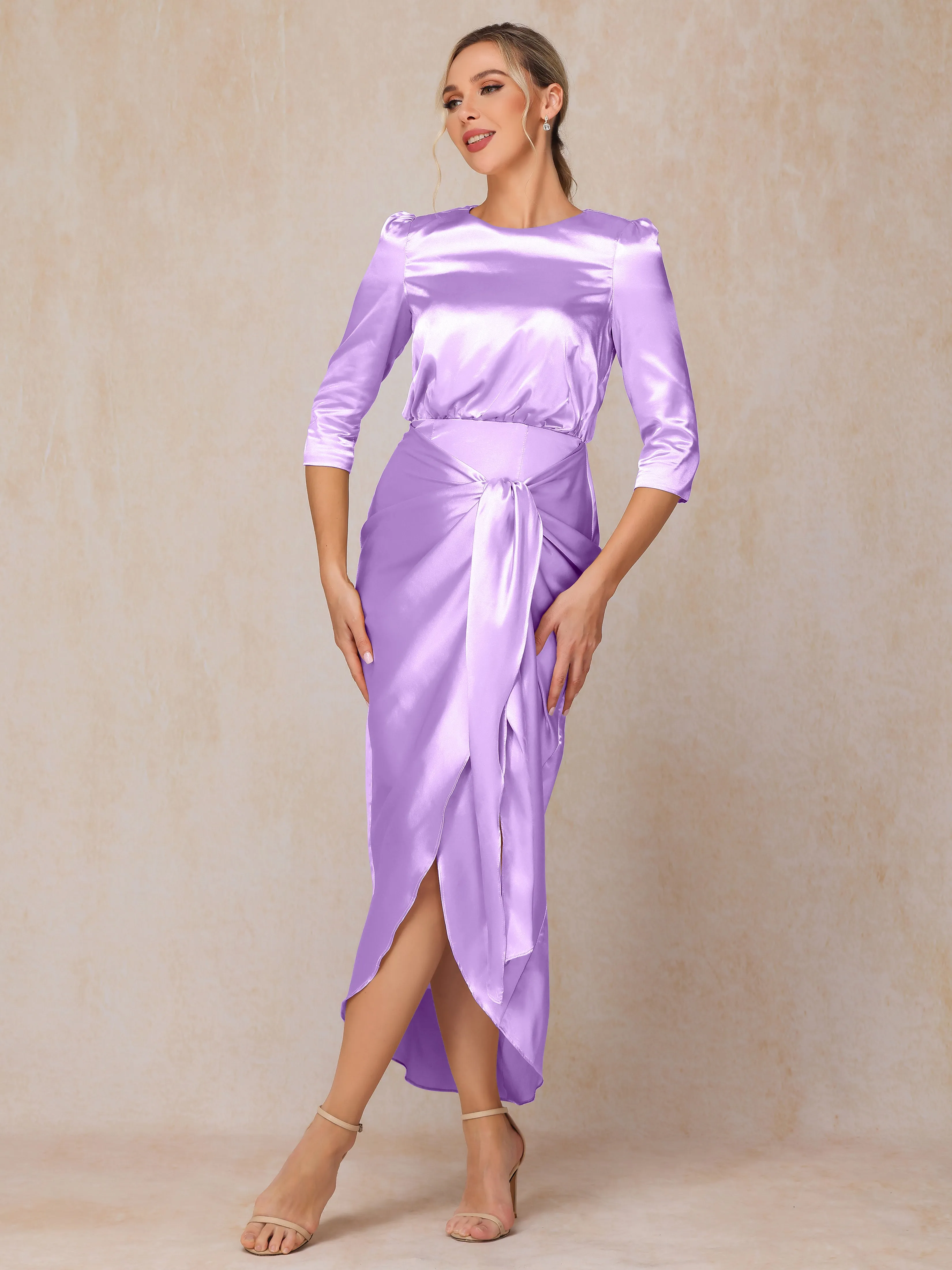 Asymmetrical Scoop 3/4 Length Sleeves Soft Satin Mother of the Bride Dresses