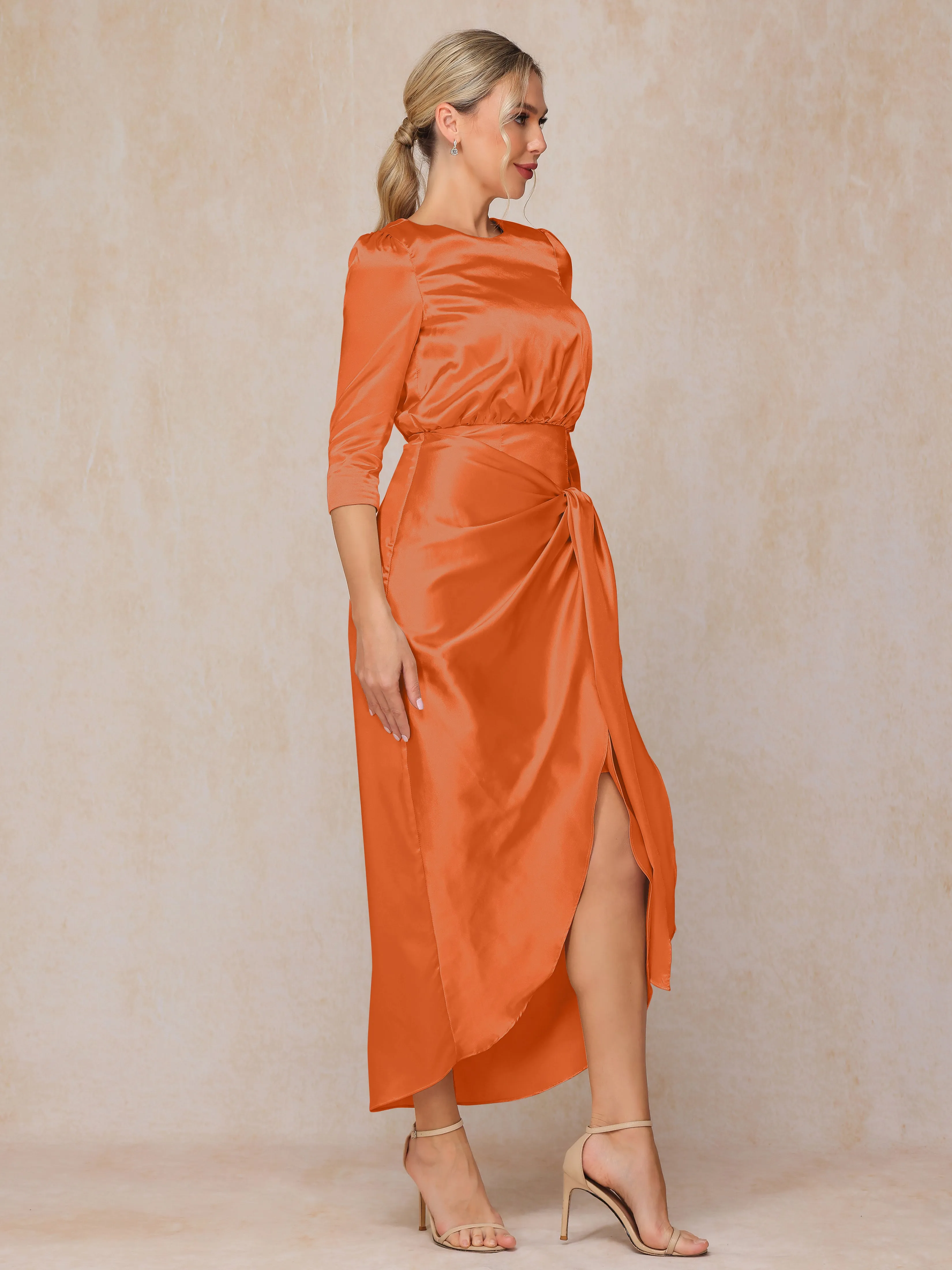 Asymmetrical Scoop 3/4 Length Sleeves Soft Satin Mother of the Bride Dresses