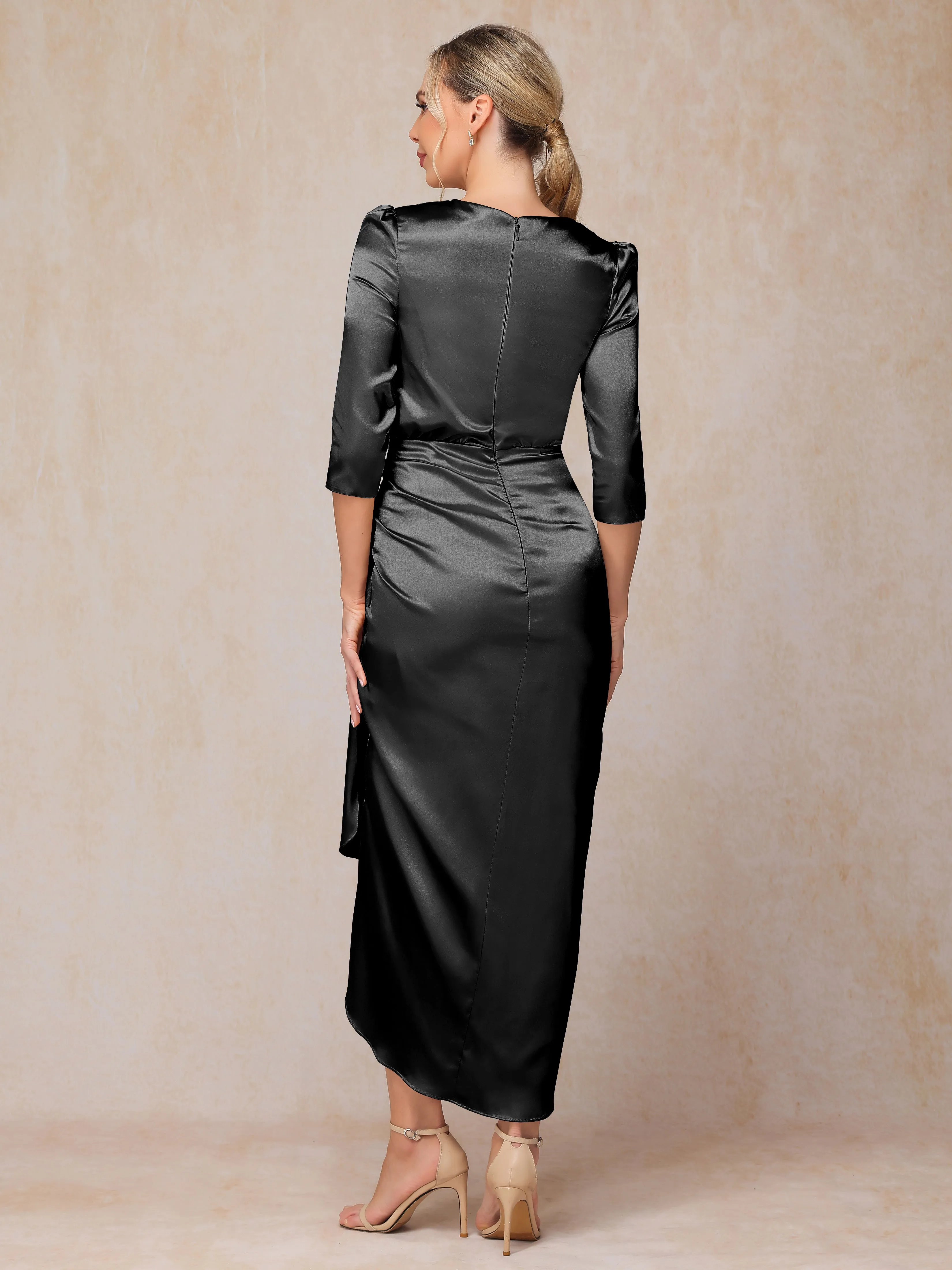 Asymmetrical Scoop 3/4 Length Sleeves Soft Satin Mother of the Bride Dresses