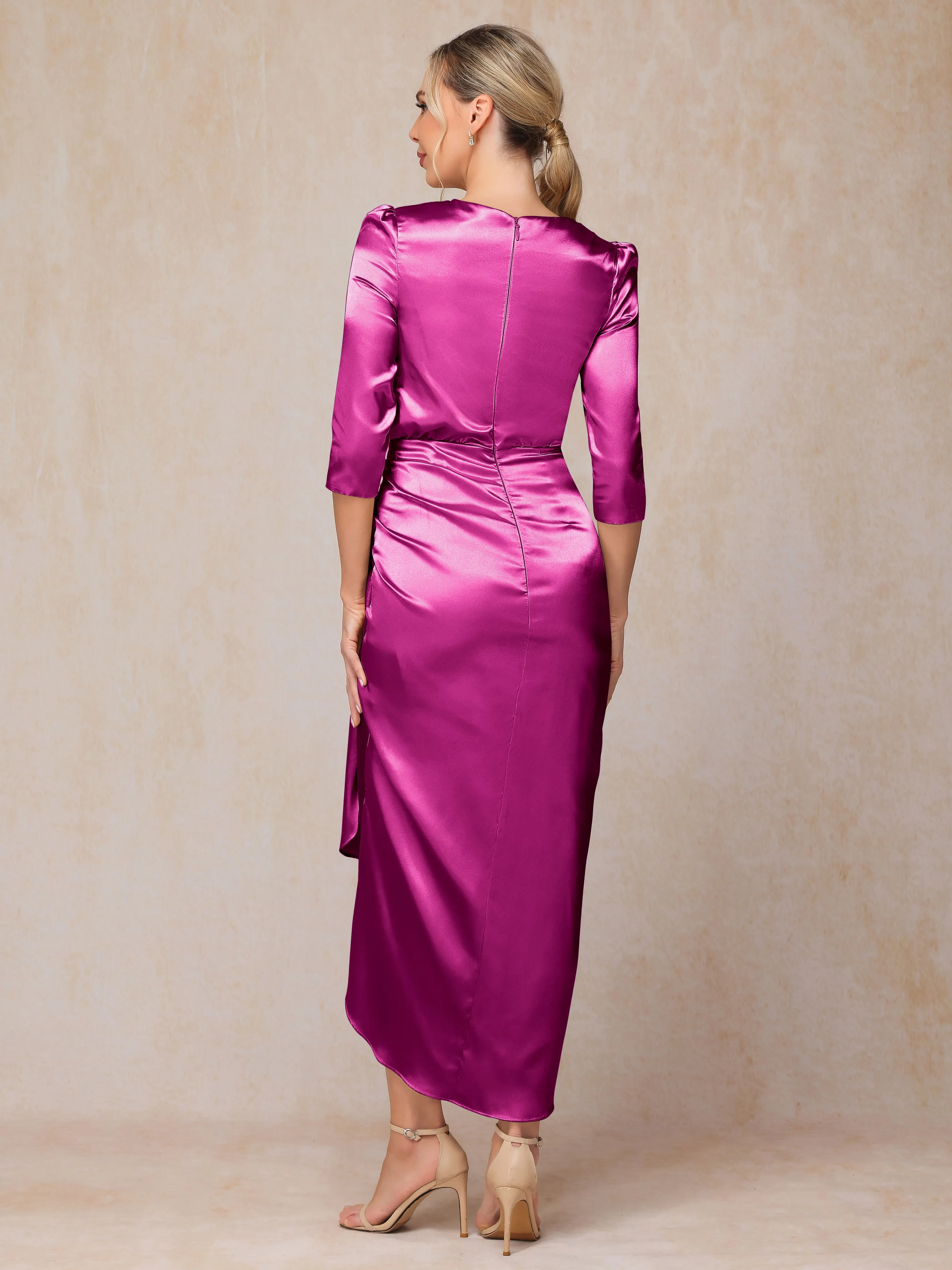 Asymmetrical Scoop 3/4 Length Sleeves Soft Satin Mother of the Bride Dresses