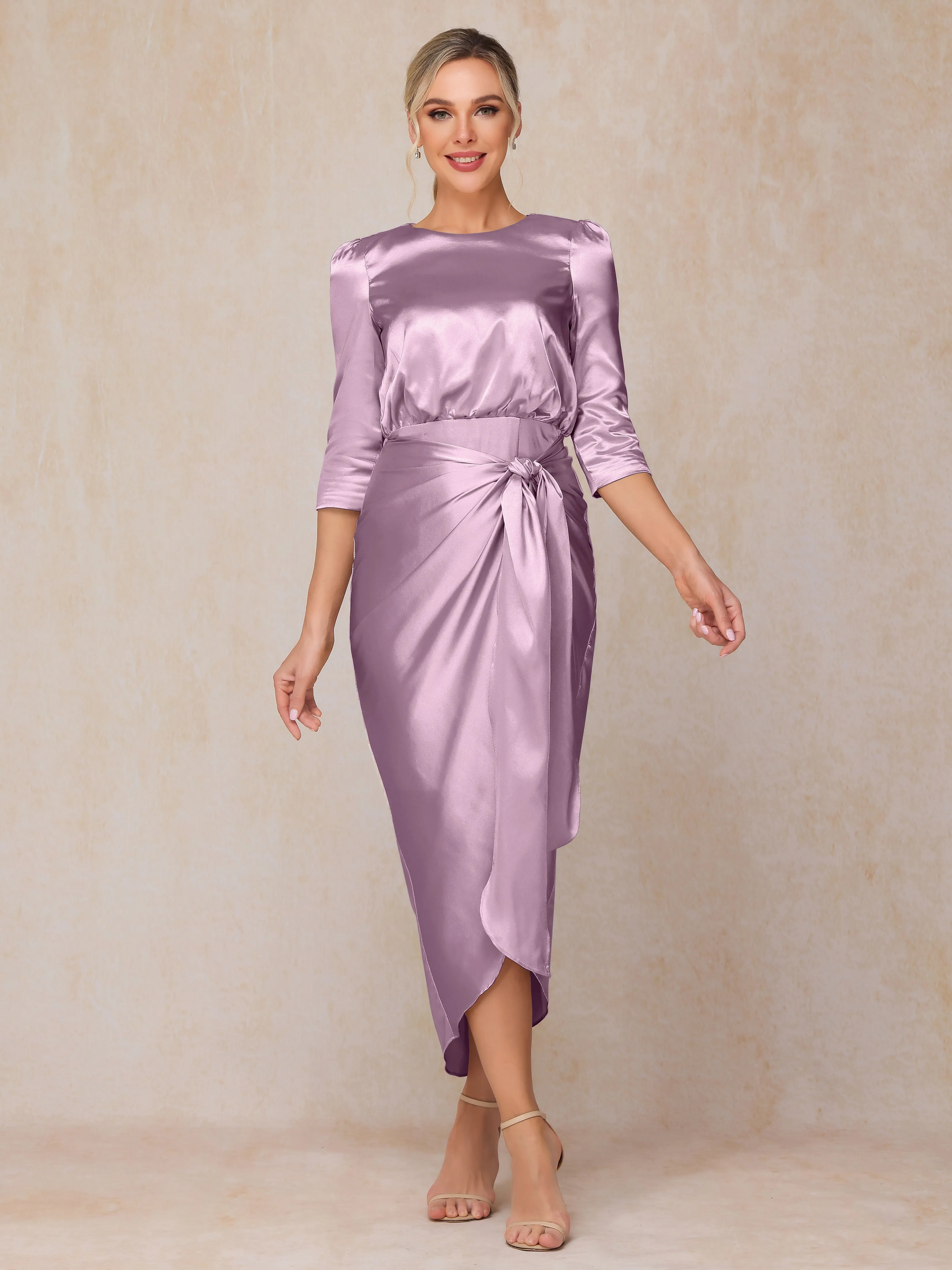 Asymmetrical Scoop 3/4 Length Sleeves Soft Satin Mother of the Bride Dresses