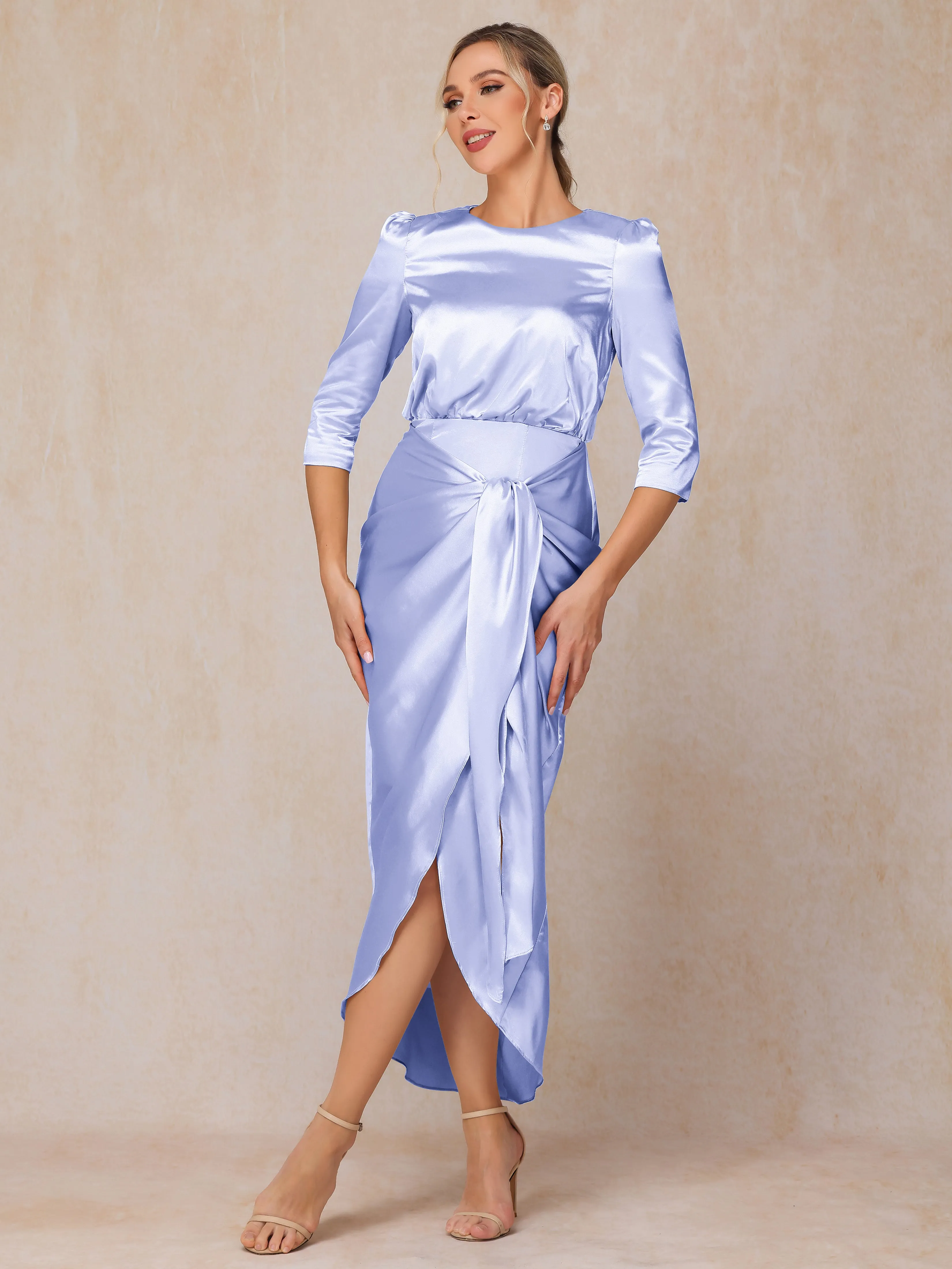 Asymmetrical Scoop 3/4 Length Sleeves Soft Satin Mother of the Bride Dresses