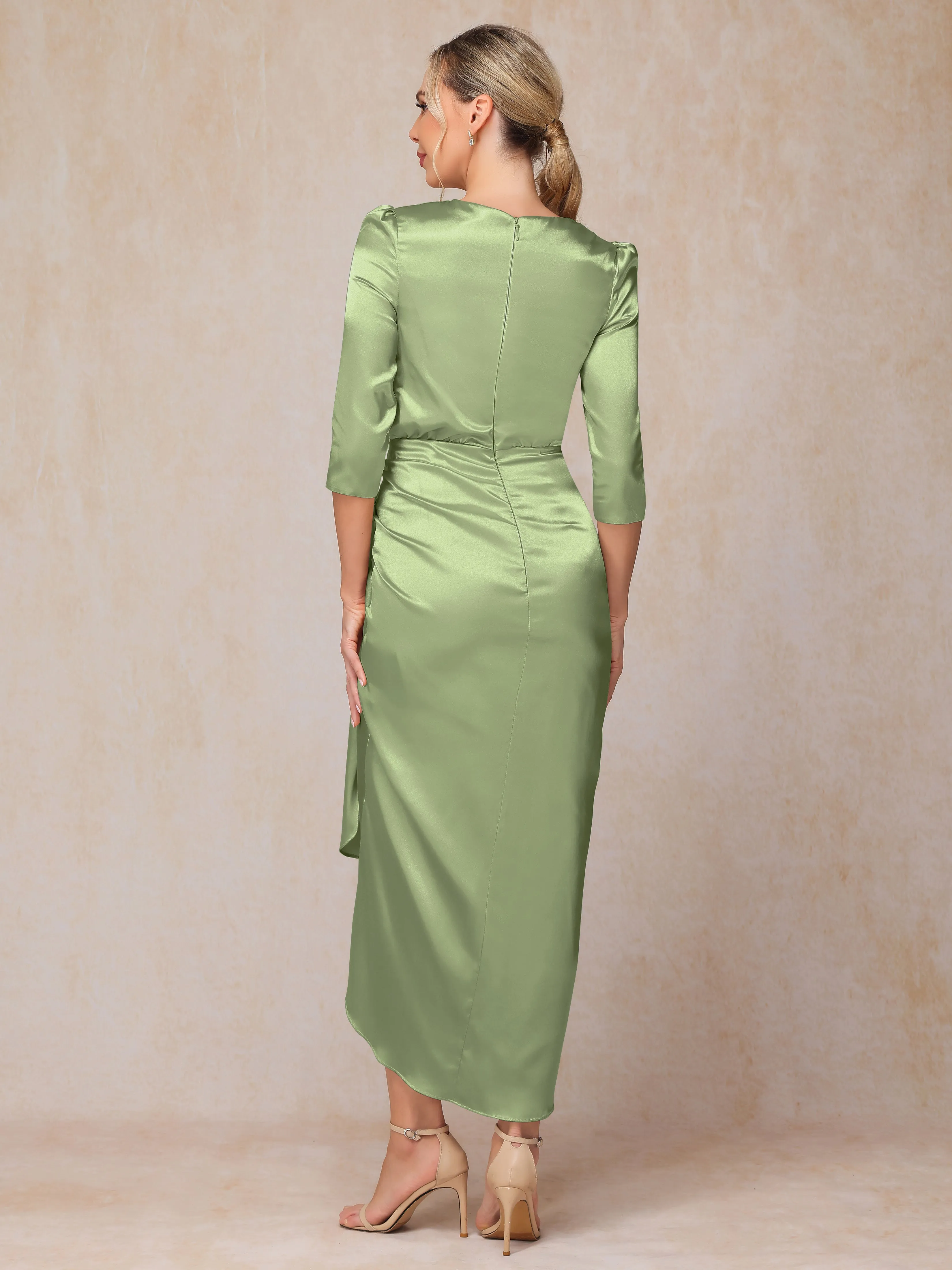 Asymmetrical Scoop 3/4 Length Sleeves Soft Satin Mother of the Bride Dresses