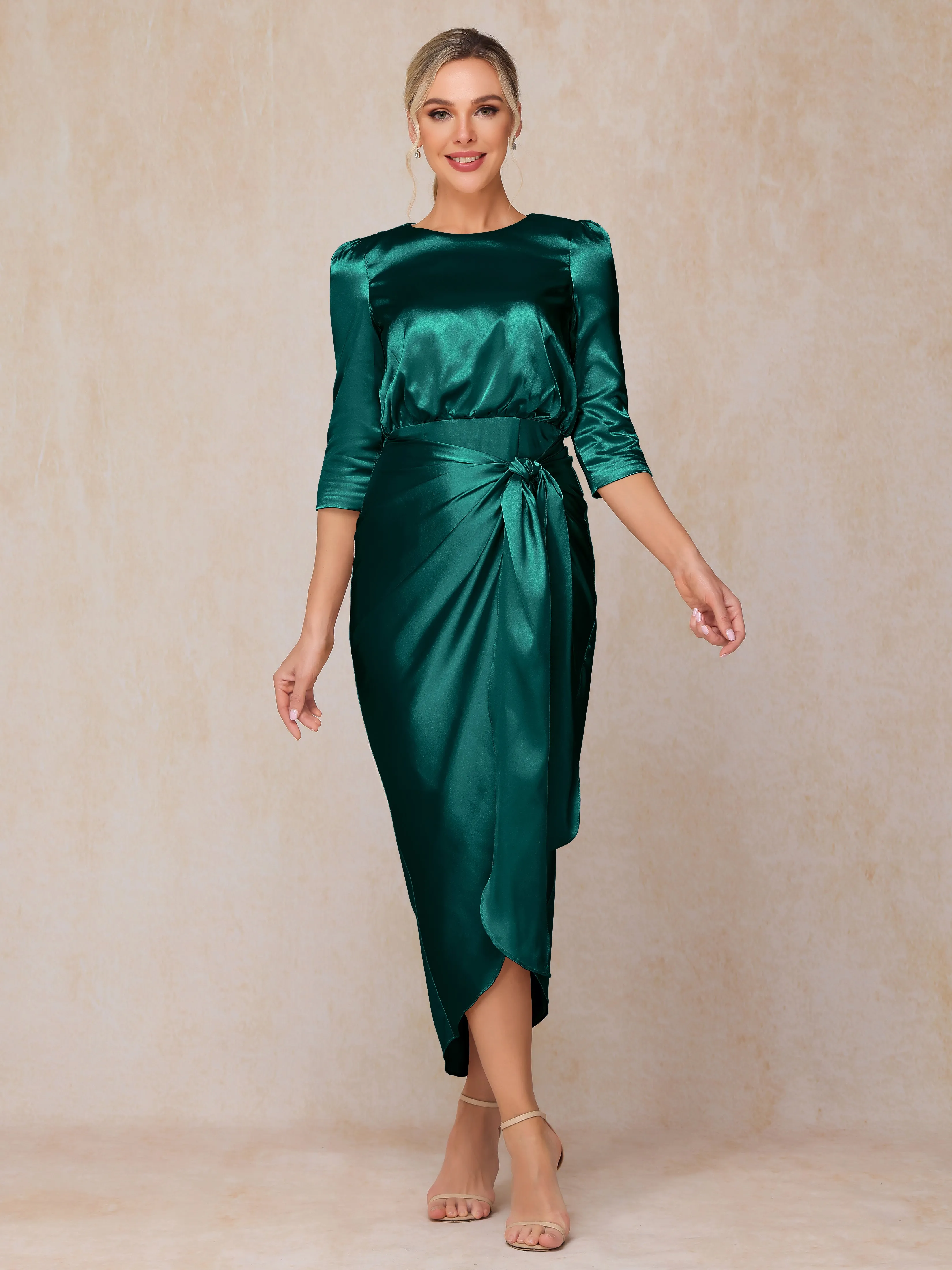 Asymmetrical Scoop 3/4 Length Sleeves Soft Satin Mother of the Bride Dresses