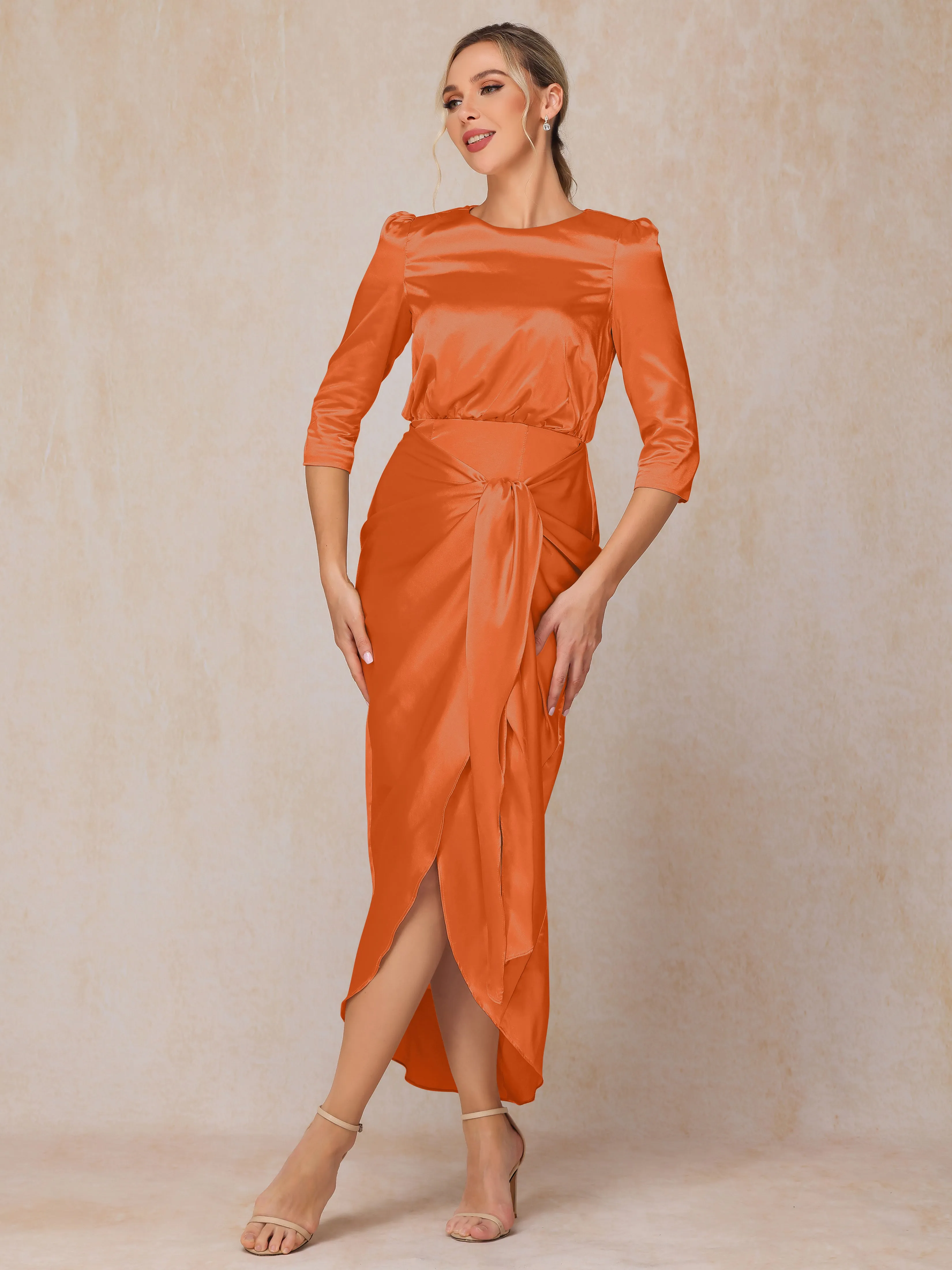 Asymmetrical Scoop 3/4 Length Sleeves Soft Satin Mother of the Bride Dresses