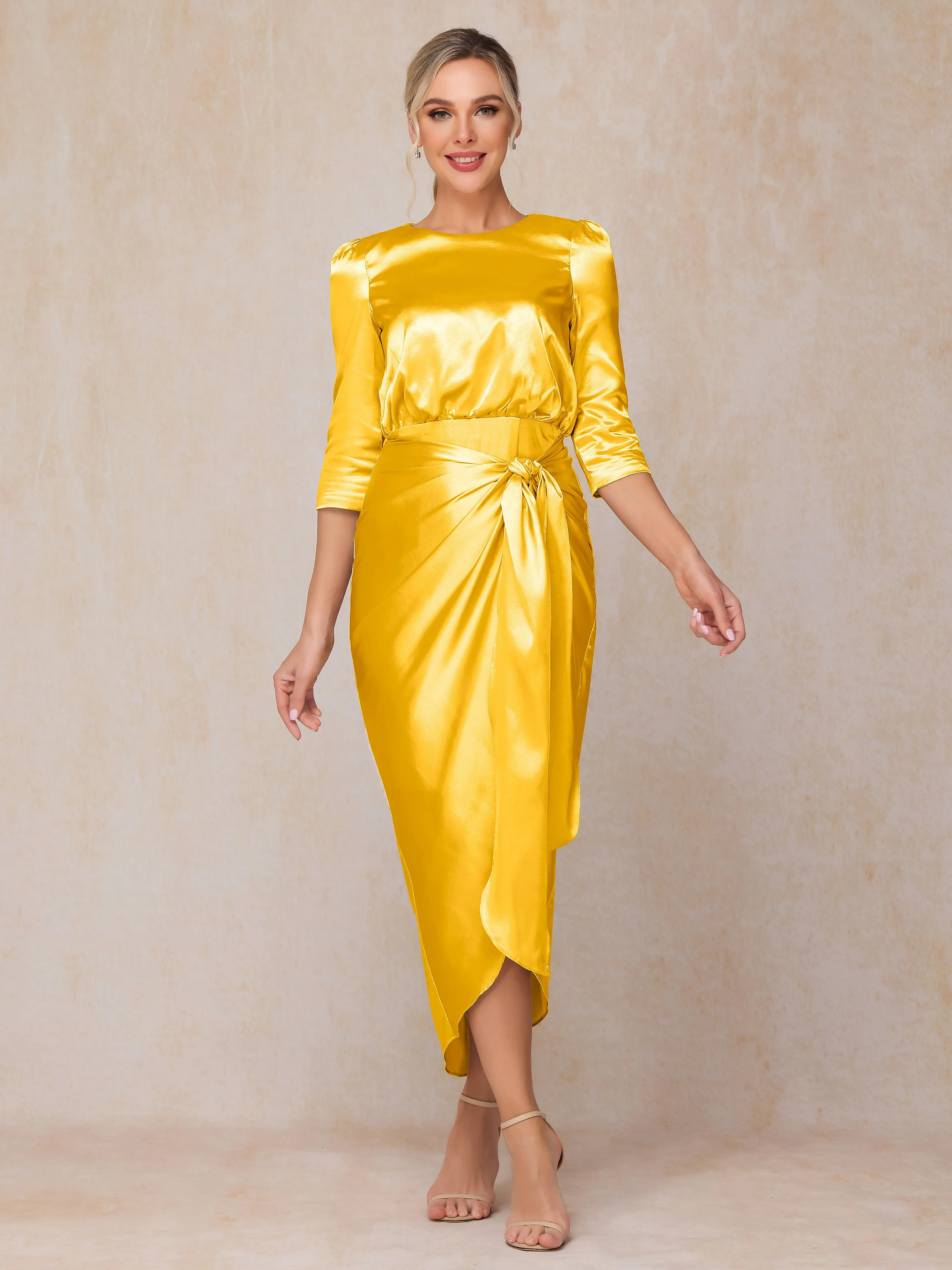 Asymmetrical Scoop 3/4 Length Sleeves Soft Satin Mother of the Bride Dresses