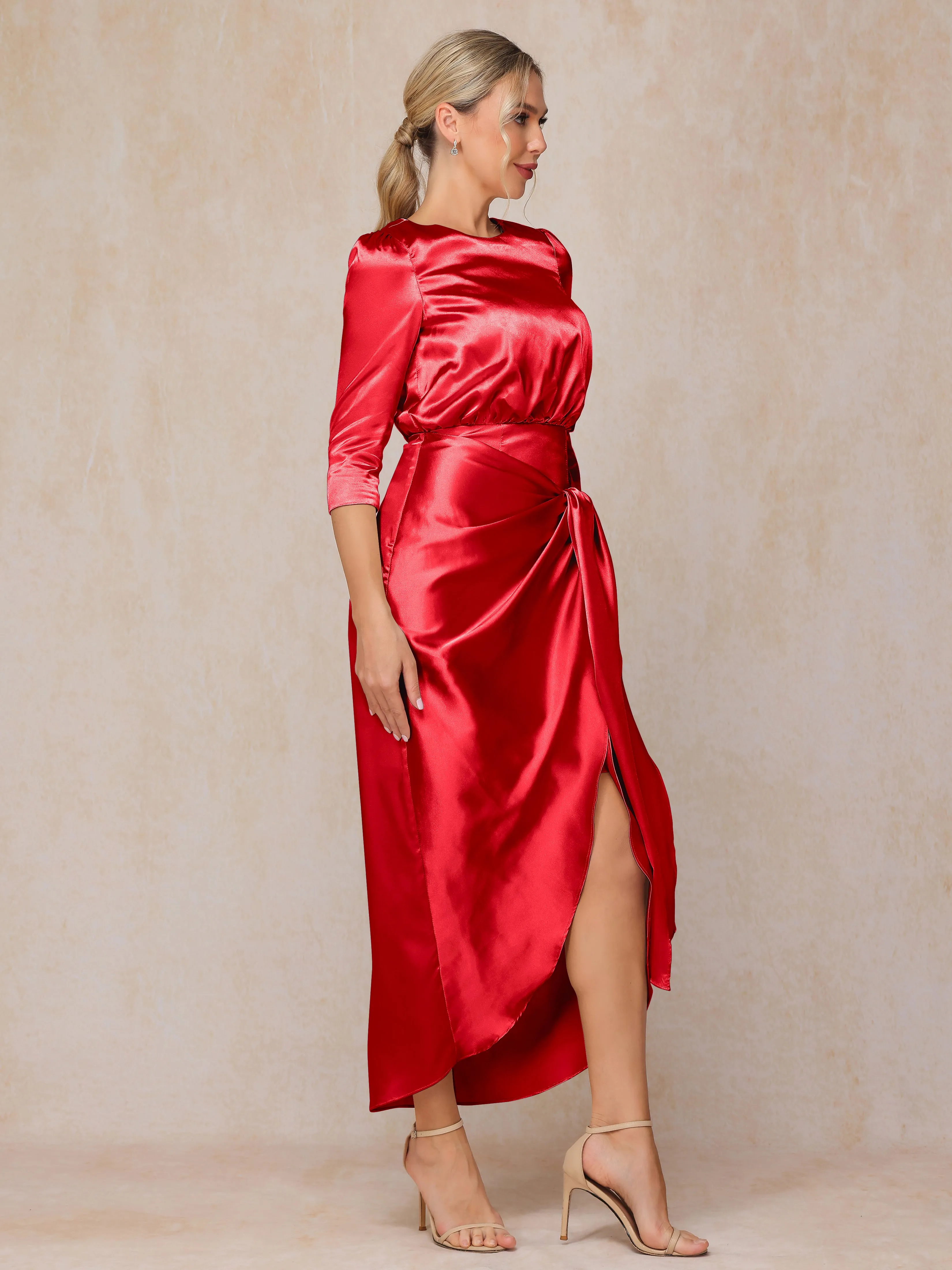 Asymmetrical Scoop 3/4 Length Sleeves Soft Satin Mother of the Bride Dresses