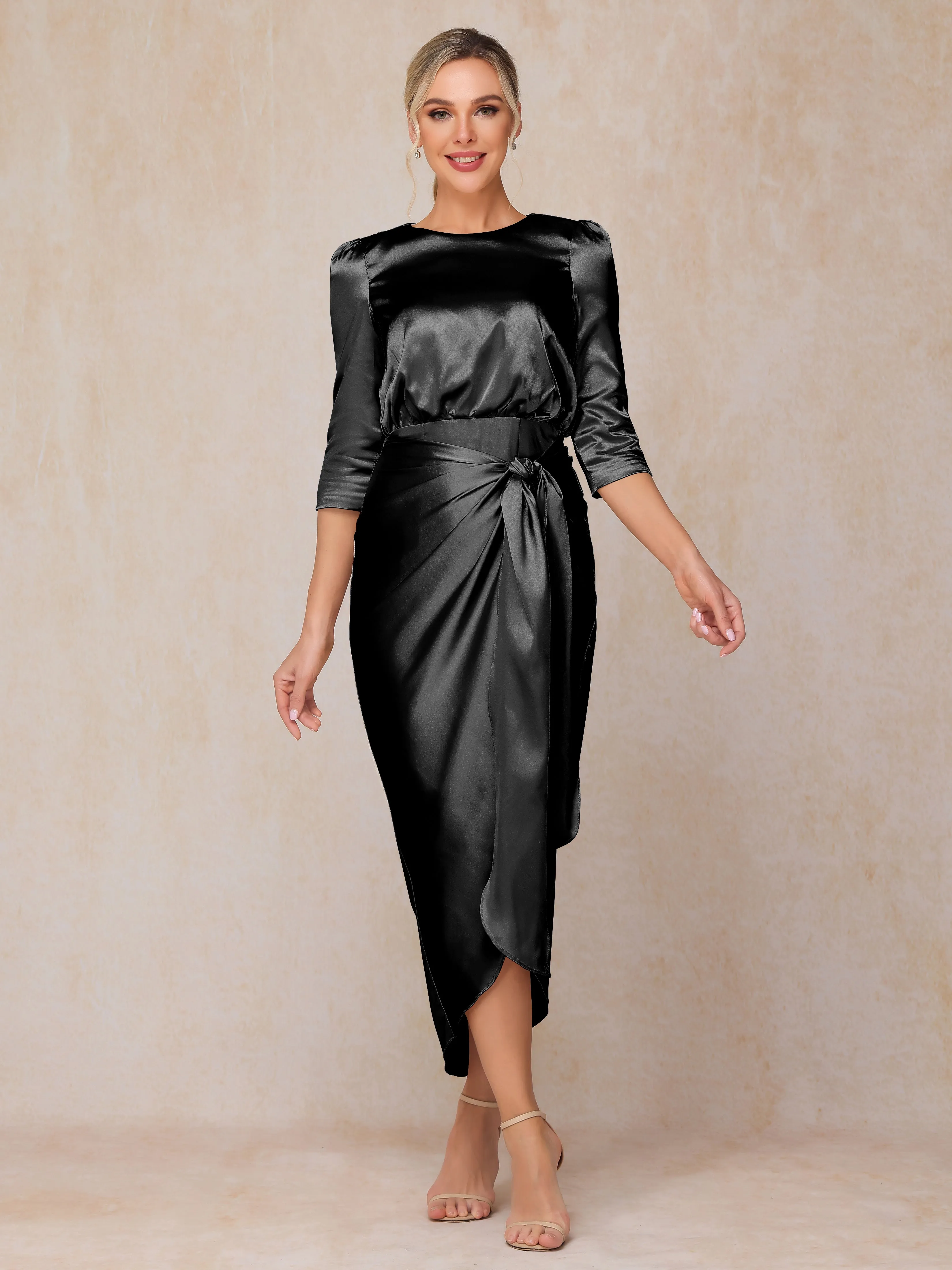 Asymmetrical Scoop 3/4 Length Sleeves Soft Satin Mother of the Bride Dresses