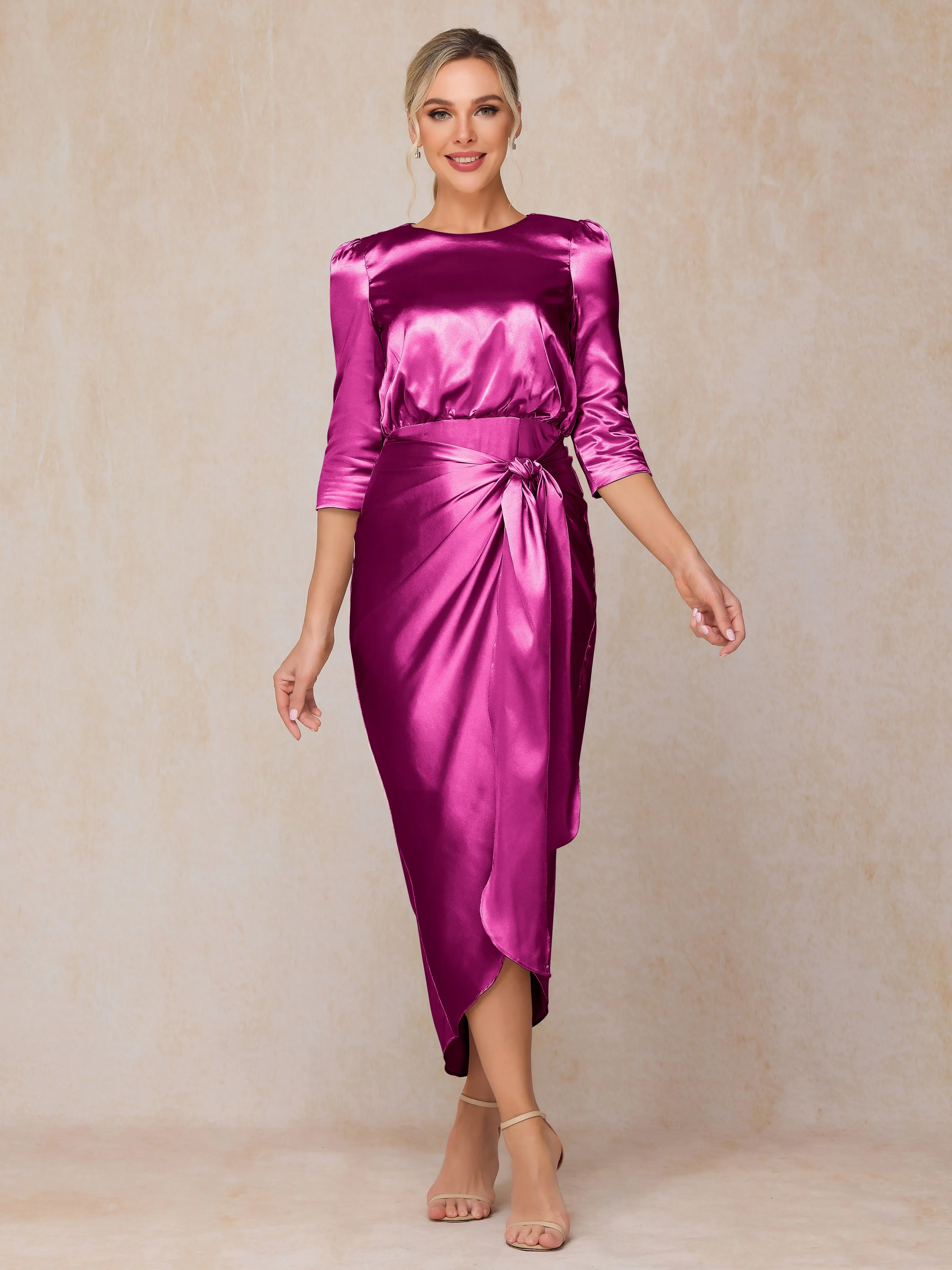 Asymmetrical Scoop 3/4 Length Sleeves Soft Satin Mother of the Bride Dresses