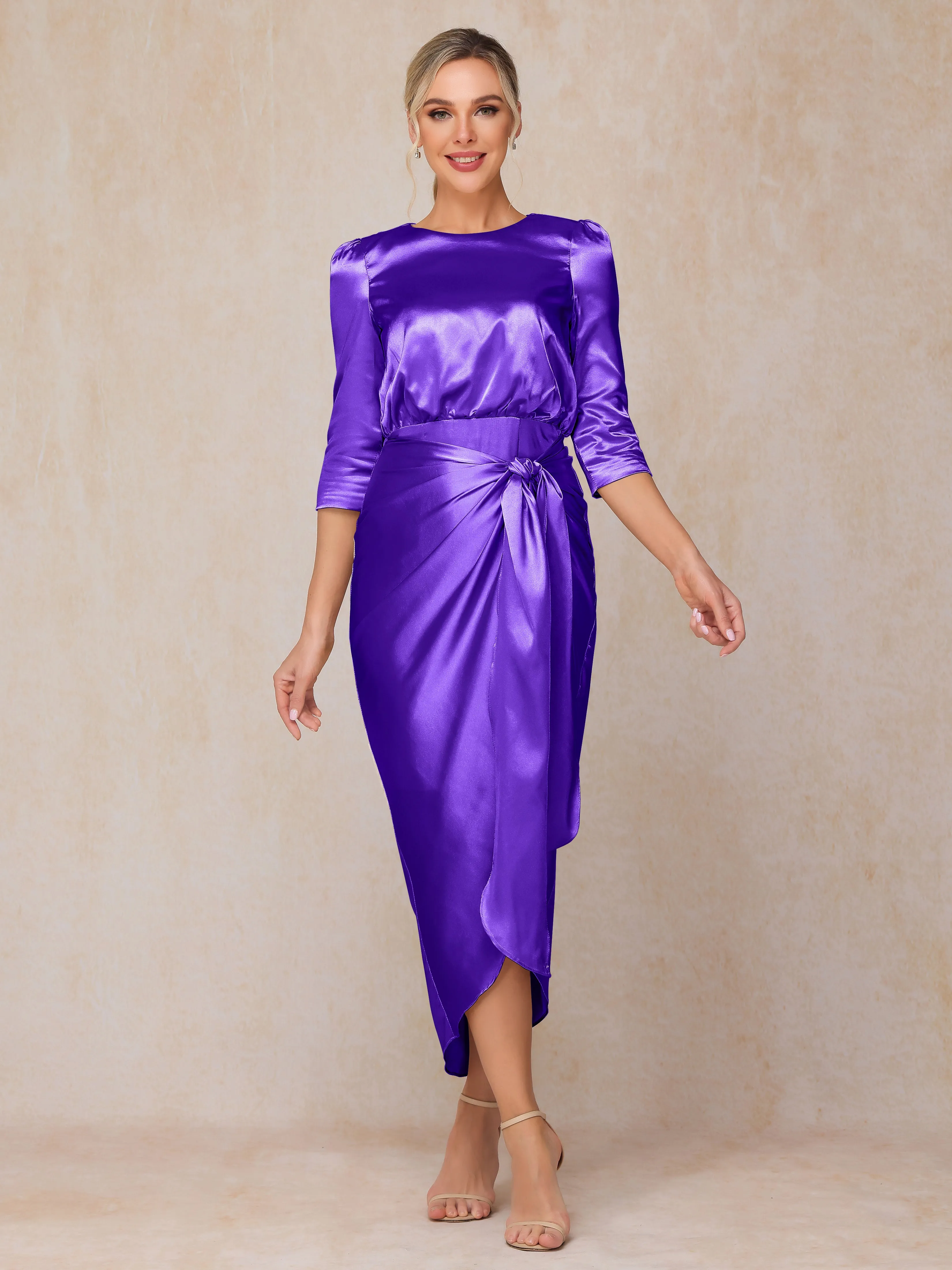 Asymmetrical Scoop 3/4 Length Sleeves Soft Satin Wedding Guest Dresses