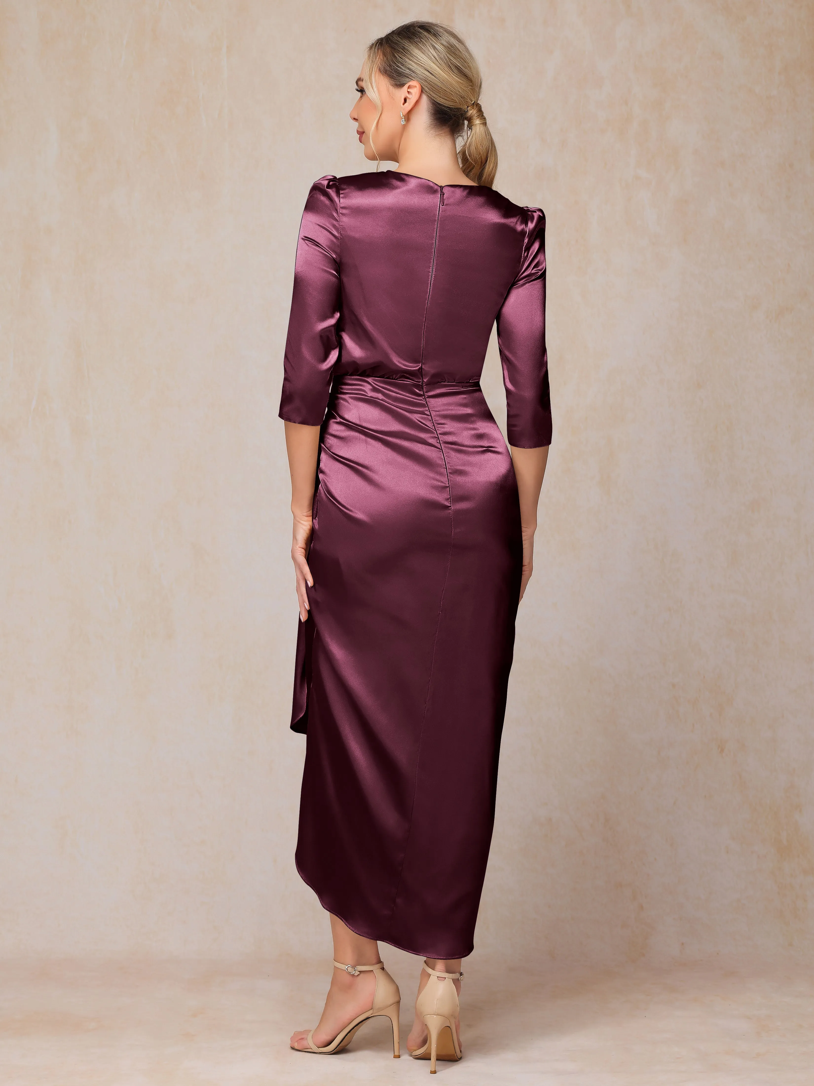 Asymmetrical Scoop 3/4 Length Sleeves Soft Satin Wedding Guest Dresses