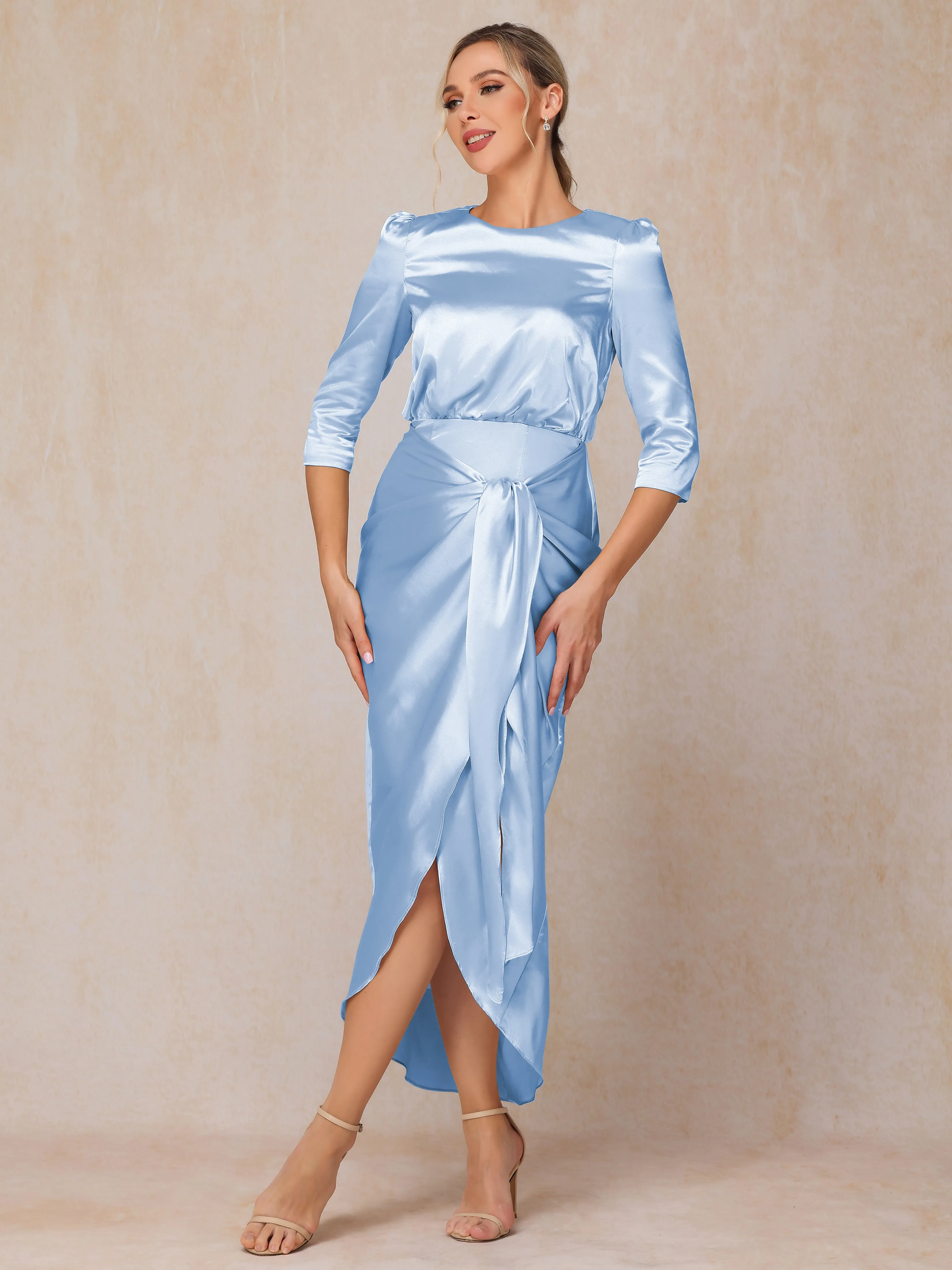 Asymmetrical Scoop 3/4 Length Sleeves Soft Satin Wedding Guest Dresses