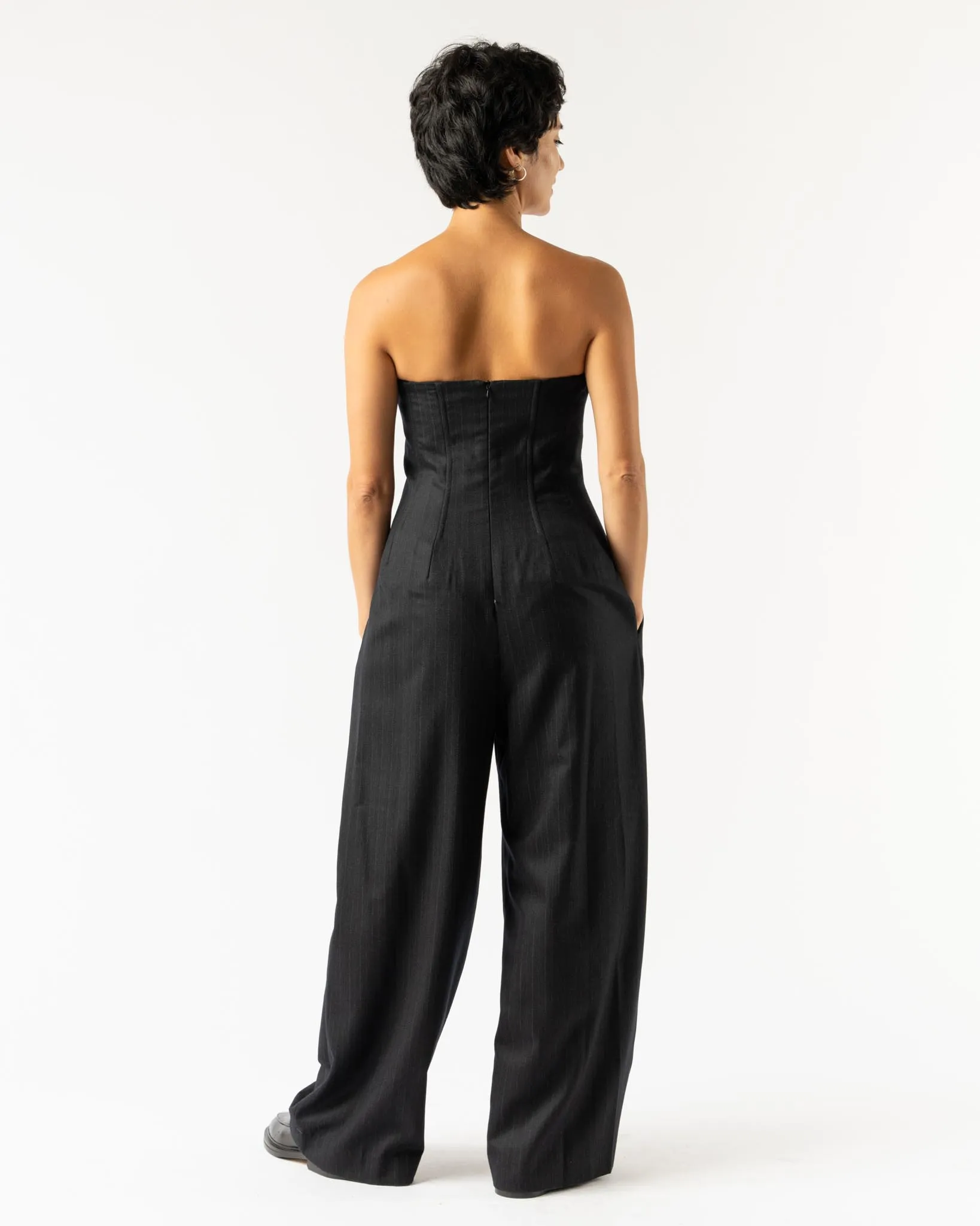 Auralee Wool Fulling Flannel Stripe Jumpsuit in Top Dark Navy