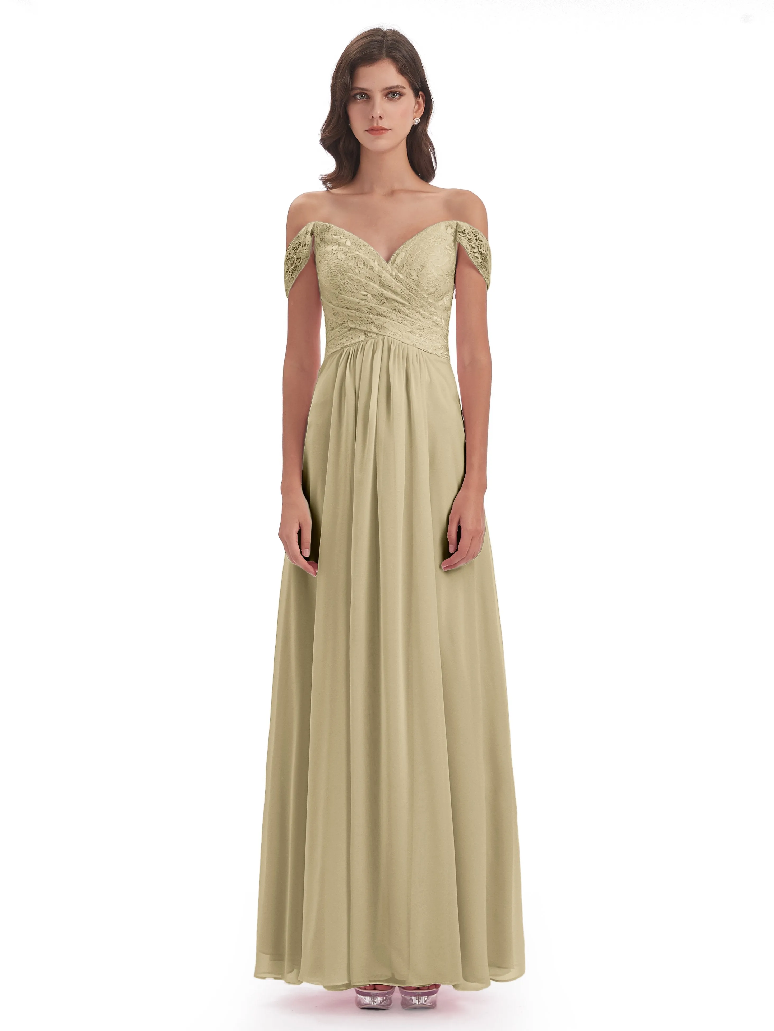 Aurora Chiffon Off The Shoulder Floor-Length Bridesmaid Dresses