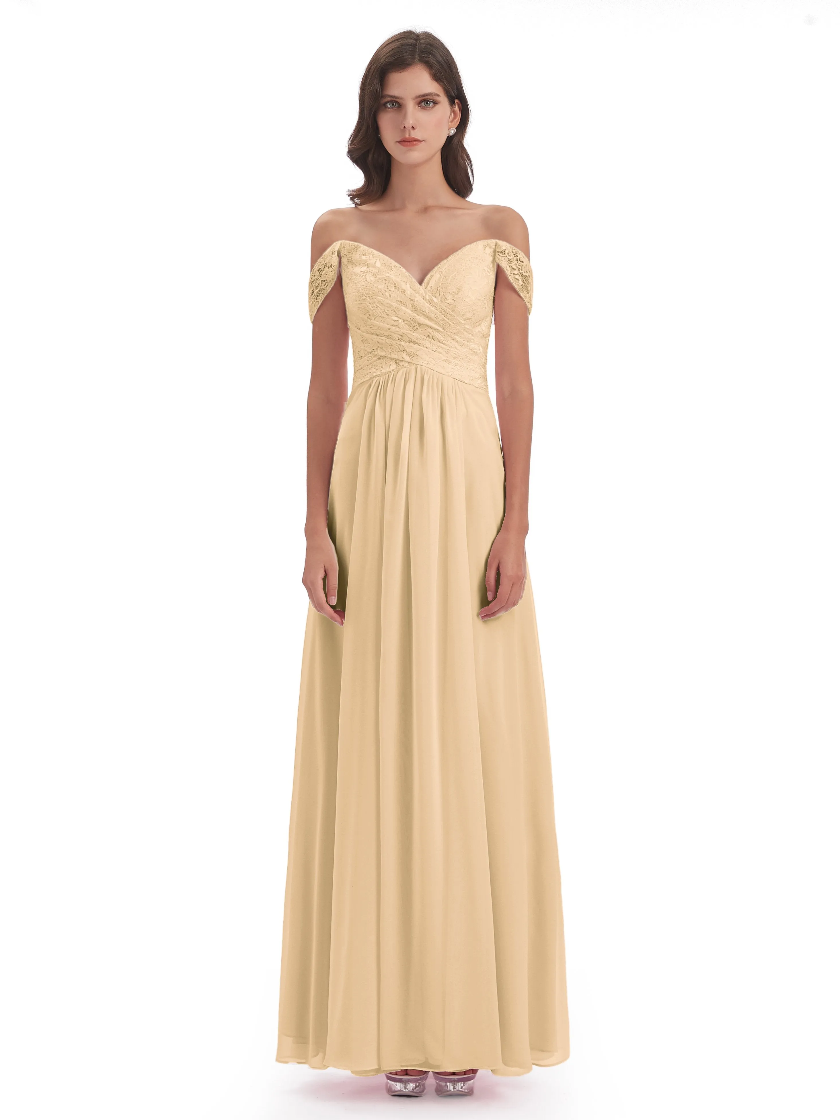 Aurora Chiffon Off The Shoulder Floor-Length Bridesmaid Dresses