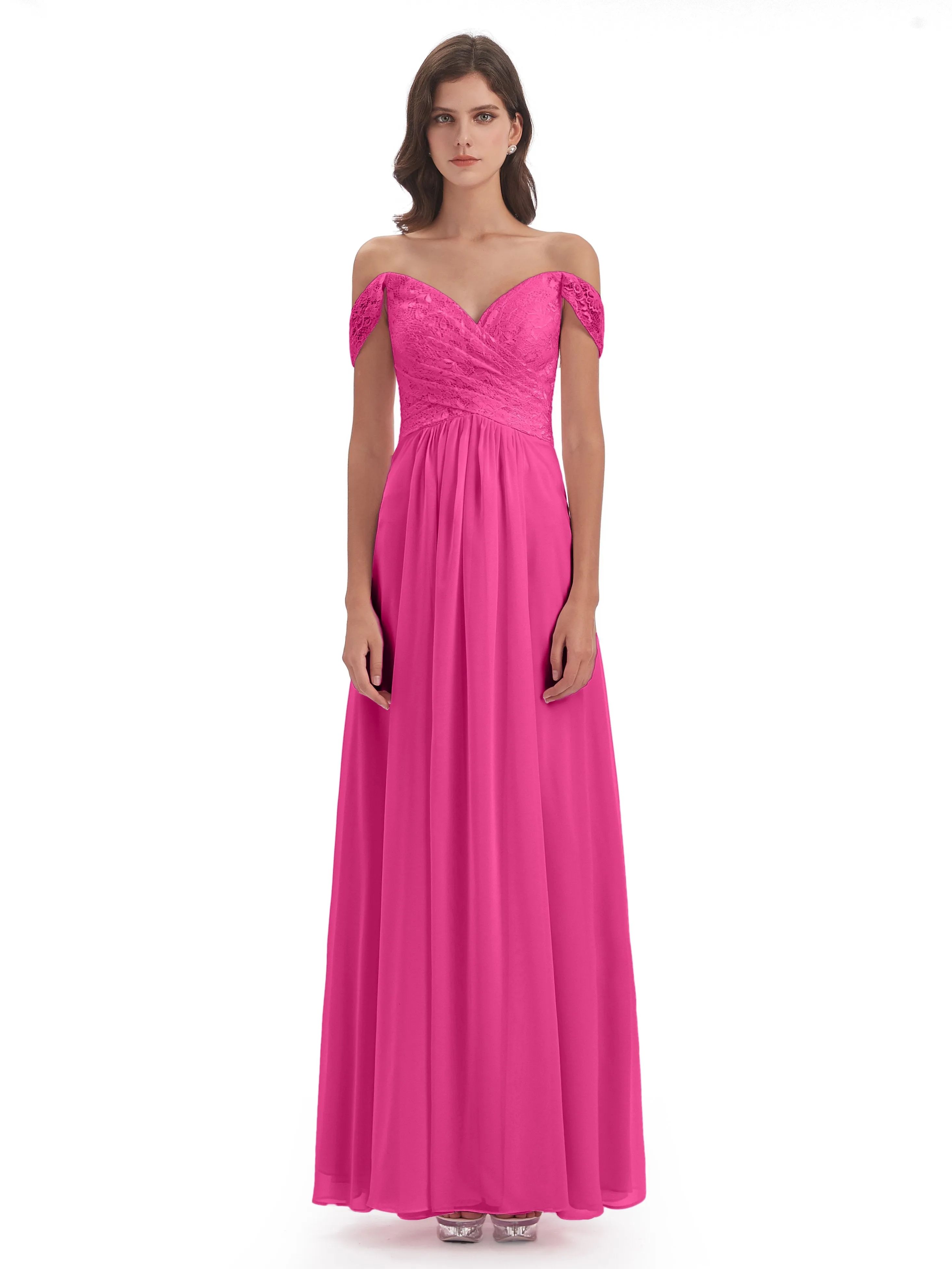 Aurora Chiffon Off The Shoulder Floor-Length Bridesmaid Dresses