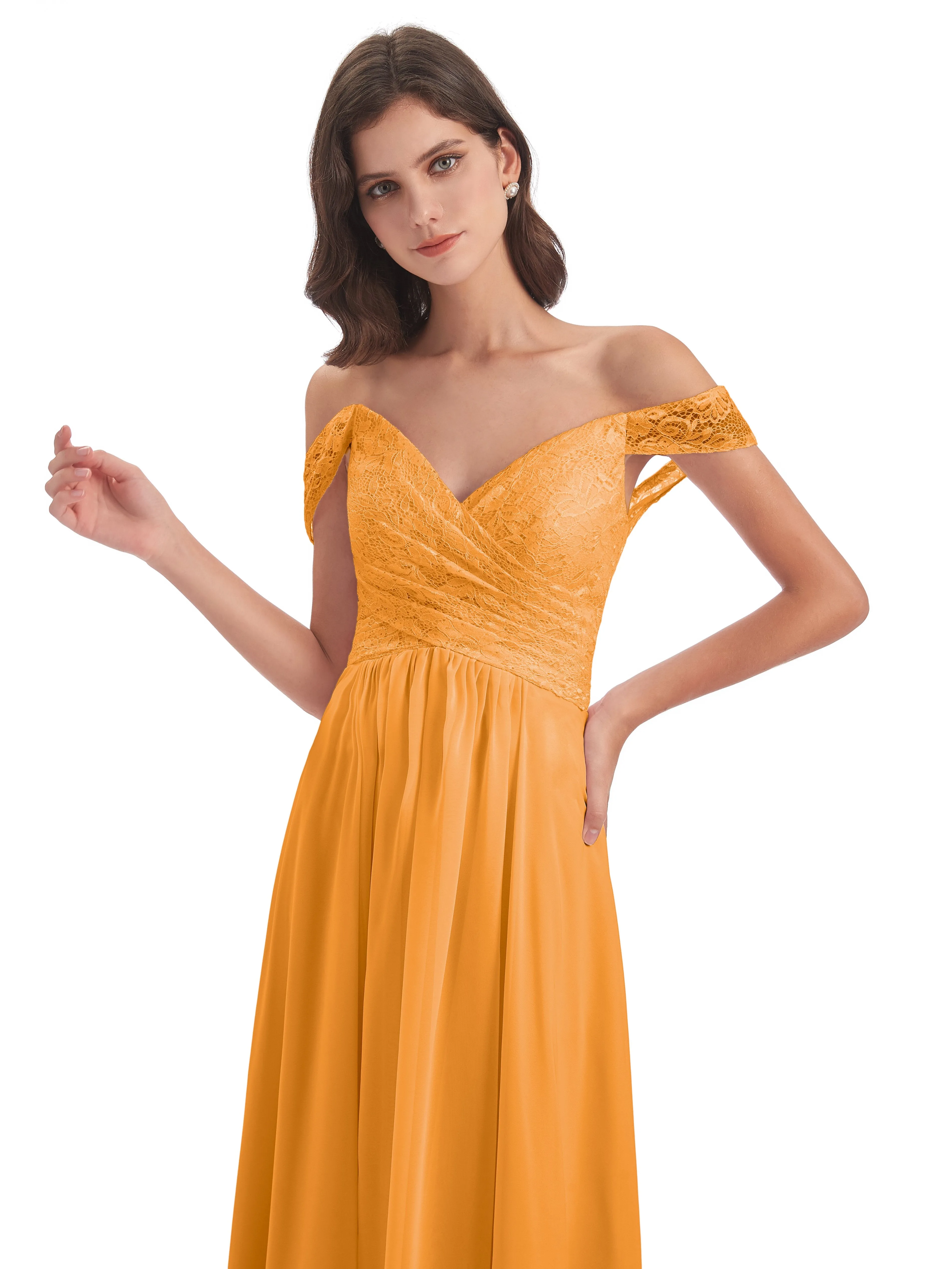 Aurora Chiffon Off The Shoulder Floor-Length Bridesmaid Dresses