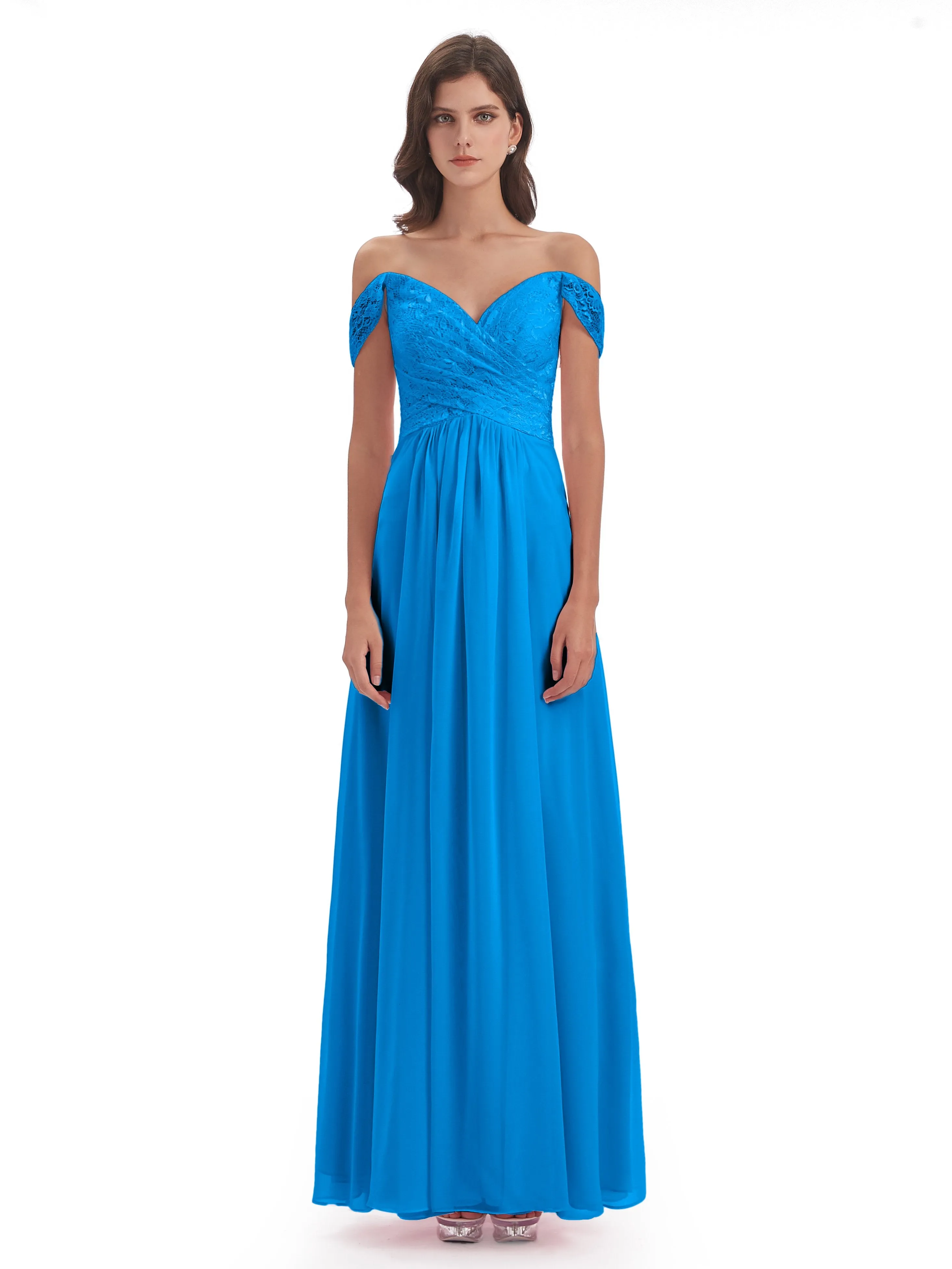 Aurora Chiffon Off The Shoulder Floor-Length Bridesmaid Dresses