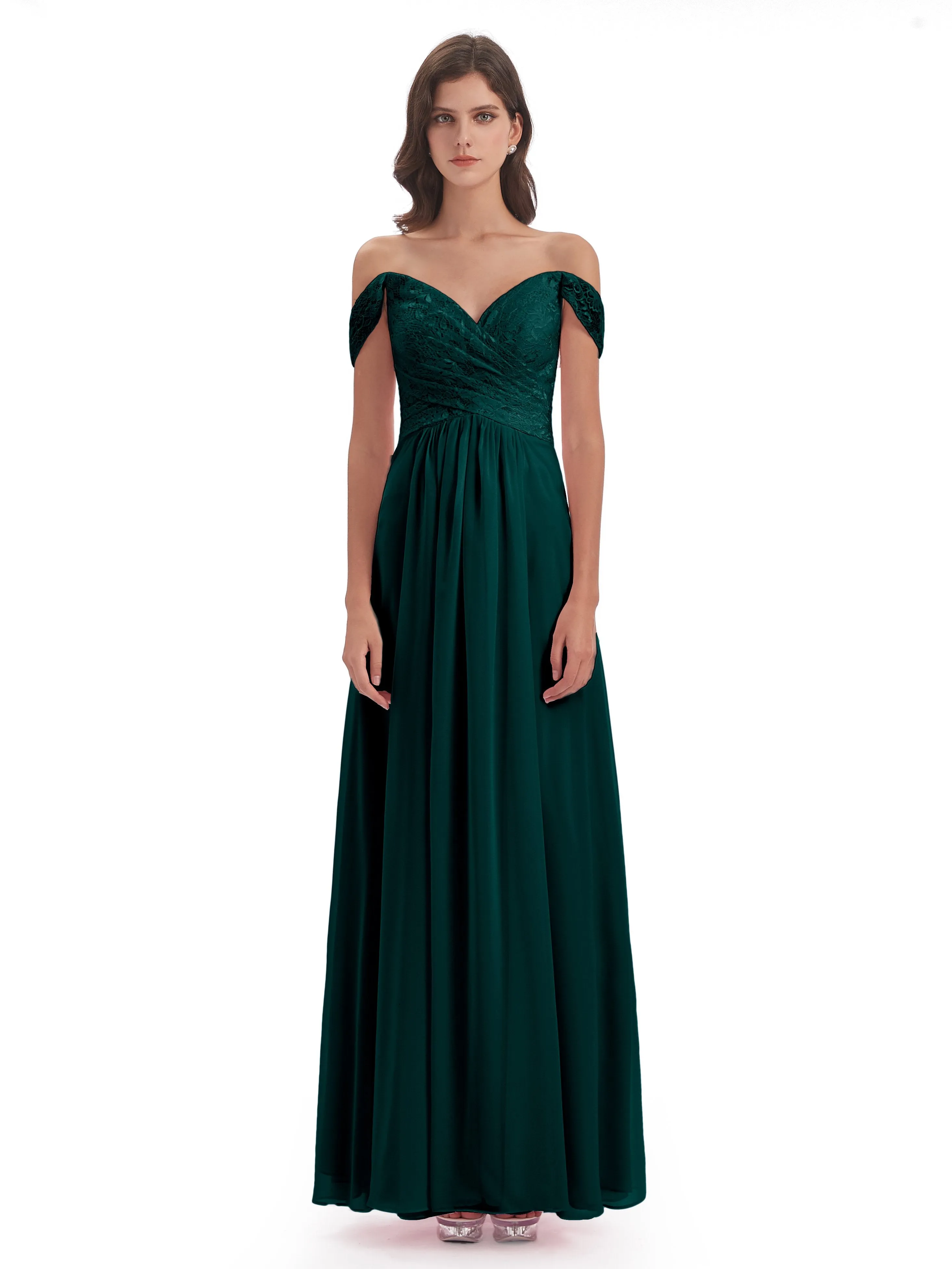 Aurora Chiffon Off The Shoulder Floor-Length Bridesmaid Dresses