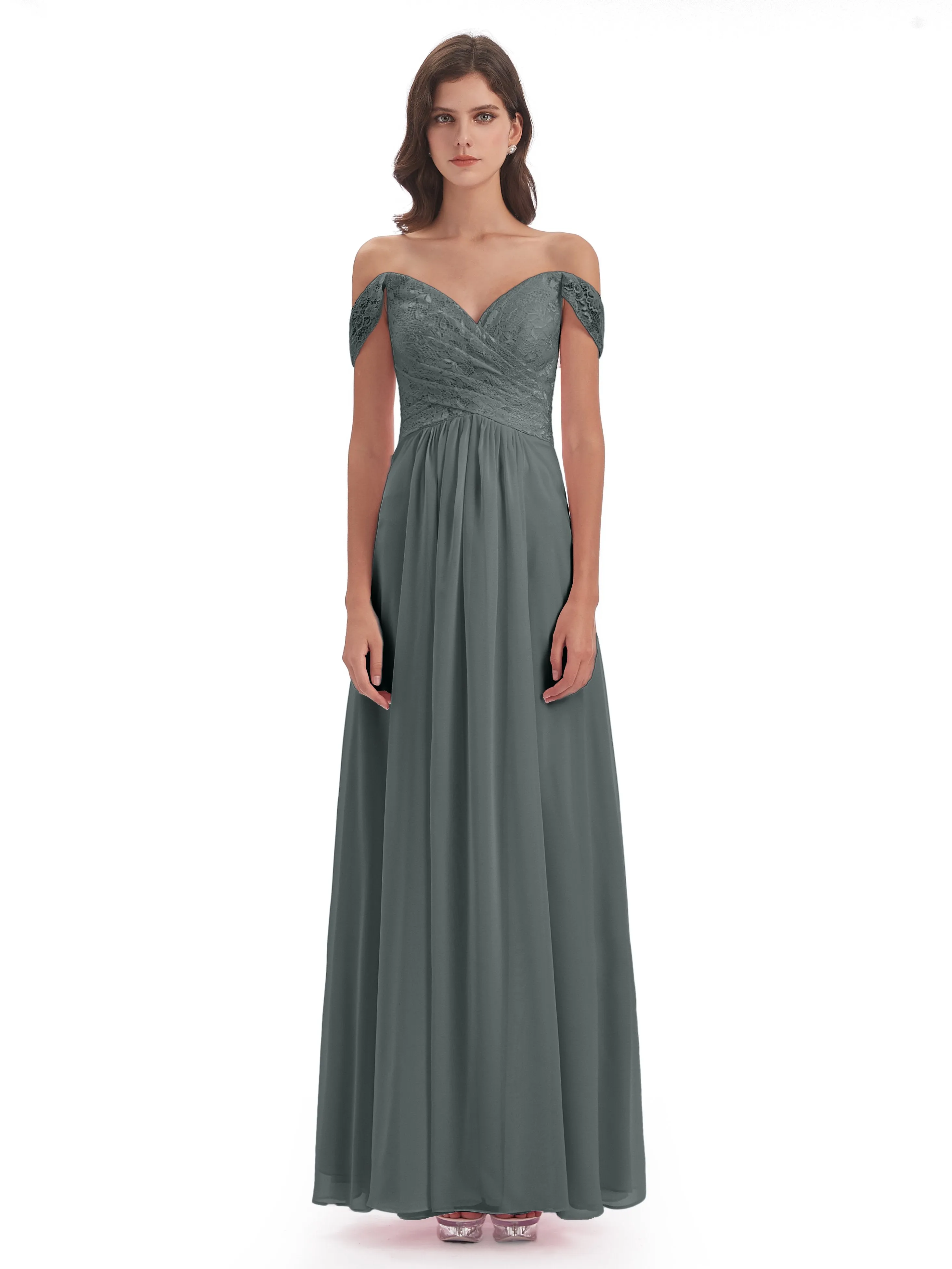 Aurora Chiffon Off The Shoulder Floor-Length Bridesmaid Dresses