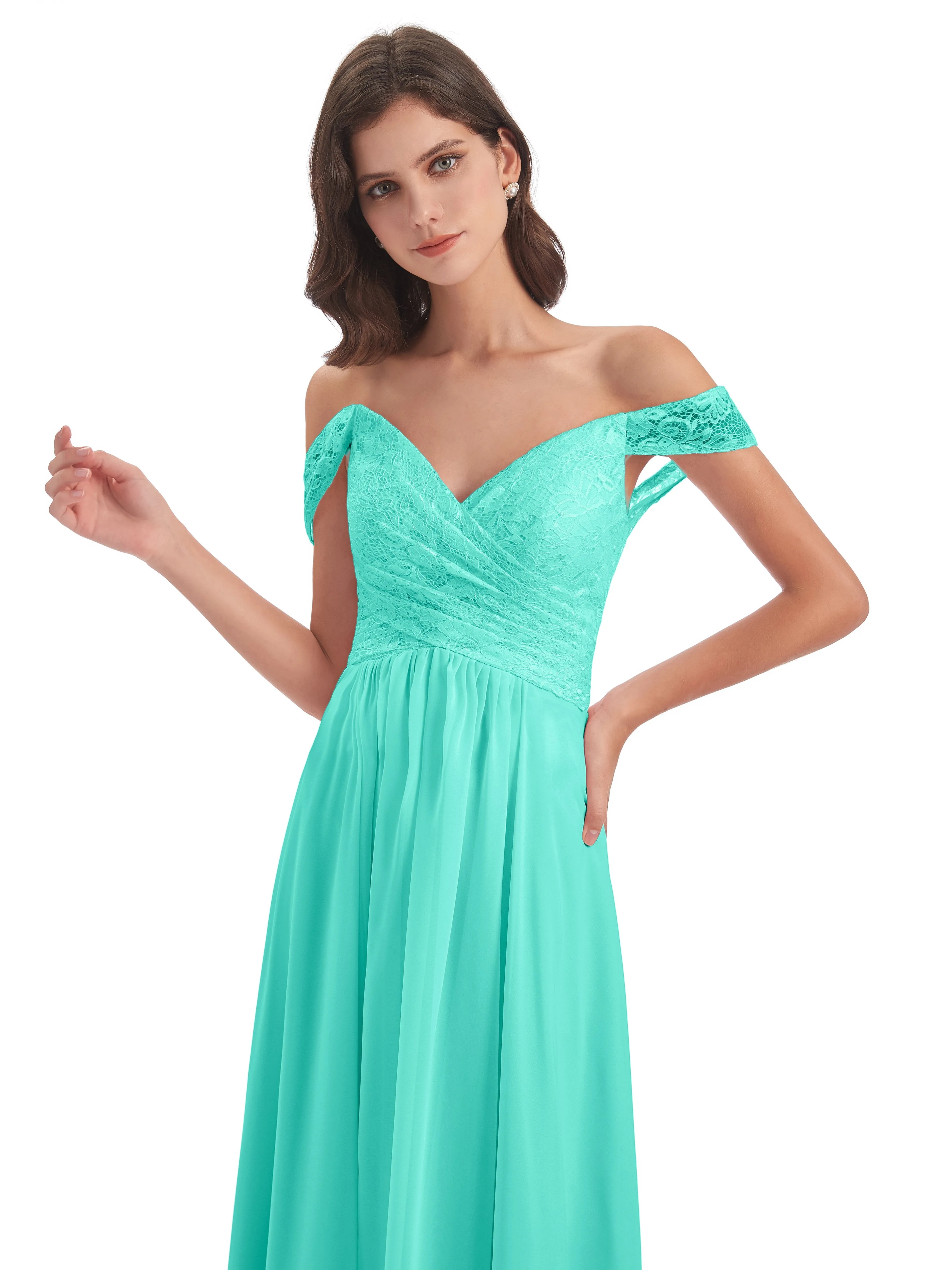 Aurora Chiffon Off The Shoulder Floor-Length Bridesmaid Dresses