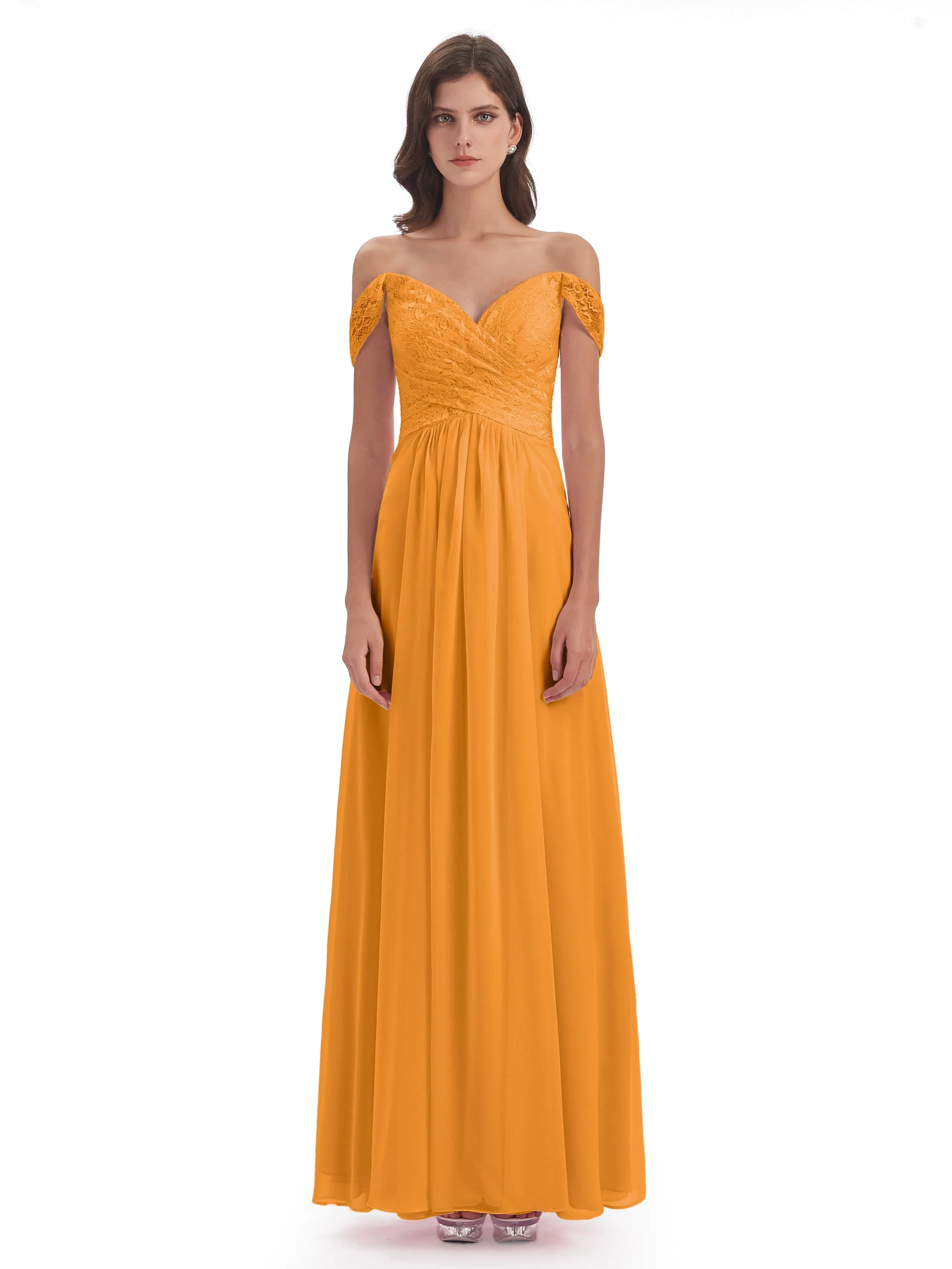 Aurora Chiffon Off The Shoulder Floor-Length Bridesmaid Dresses