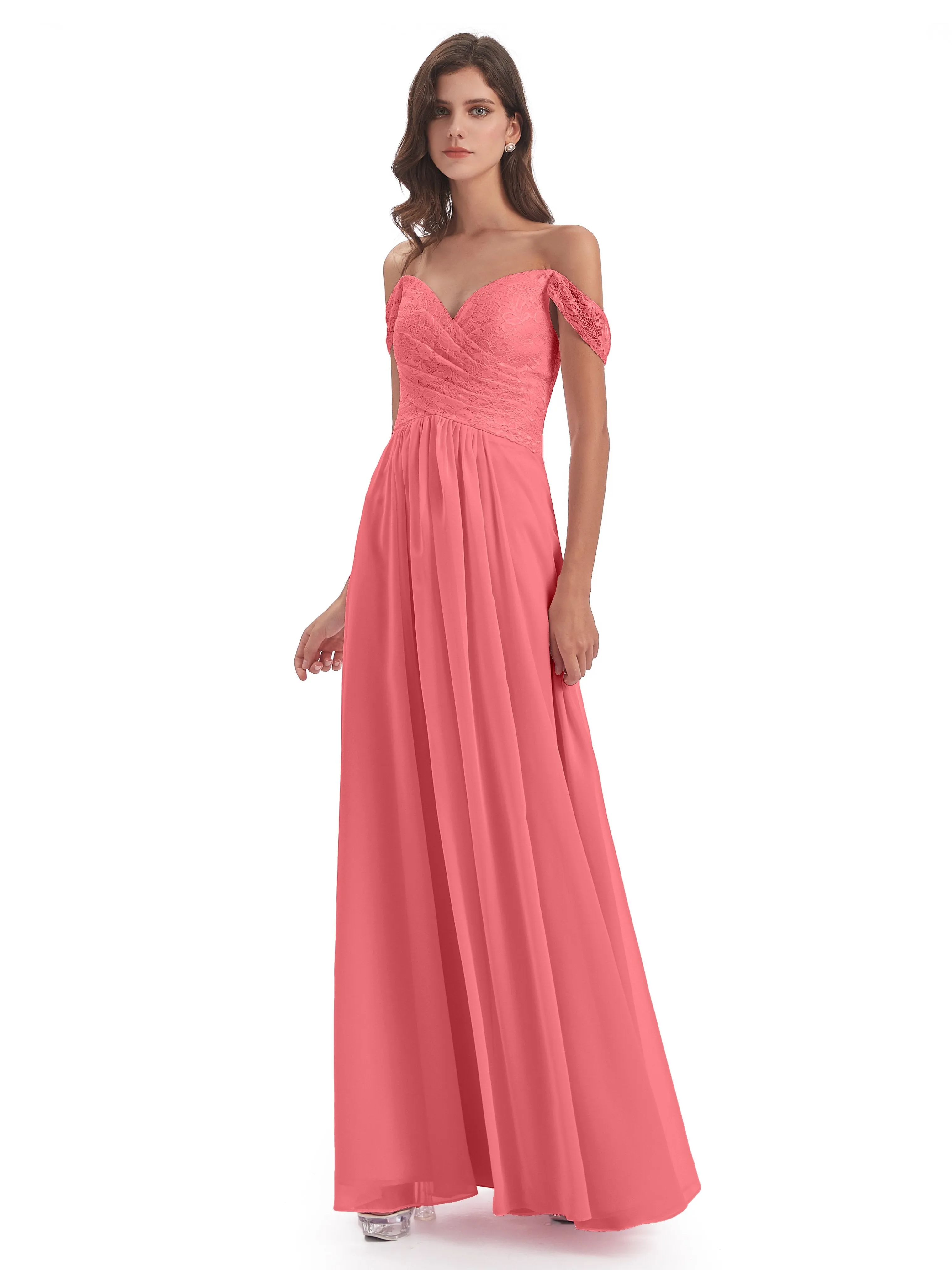 Aurora Chiffon Off The Shoulder Floor-Length Bridesmaid Dresses