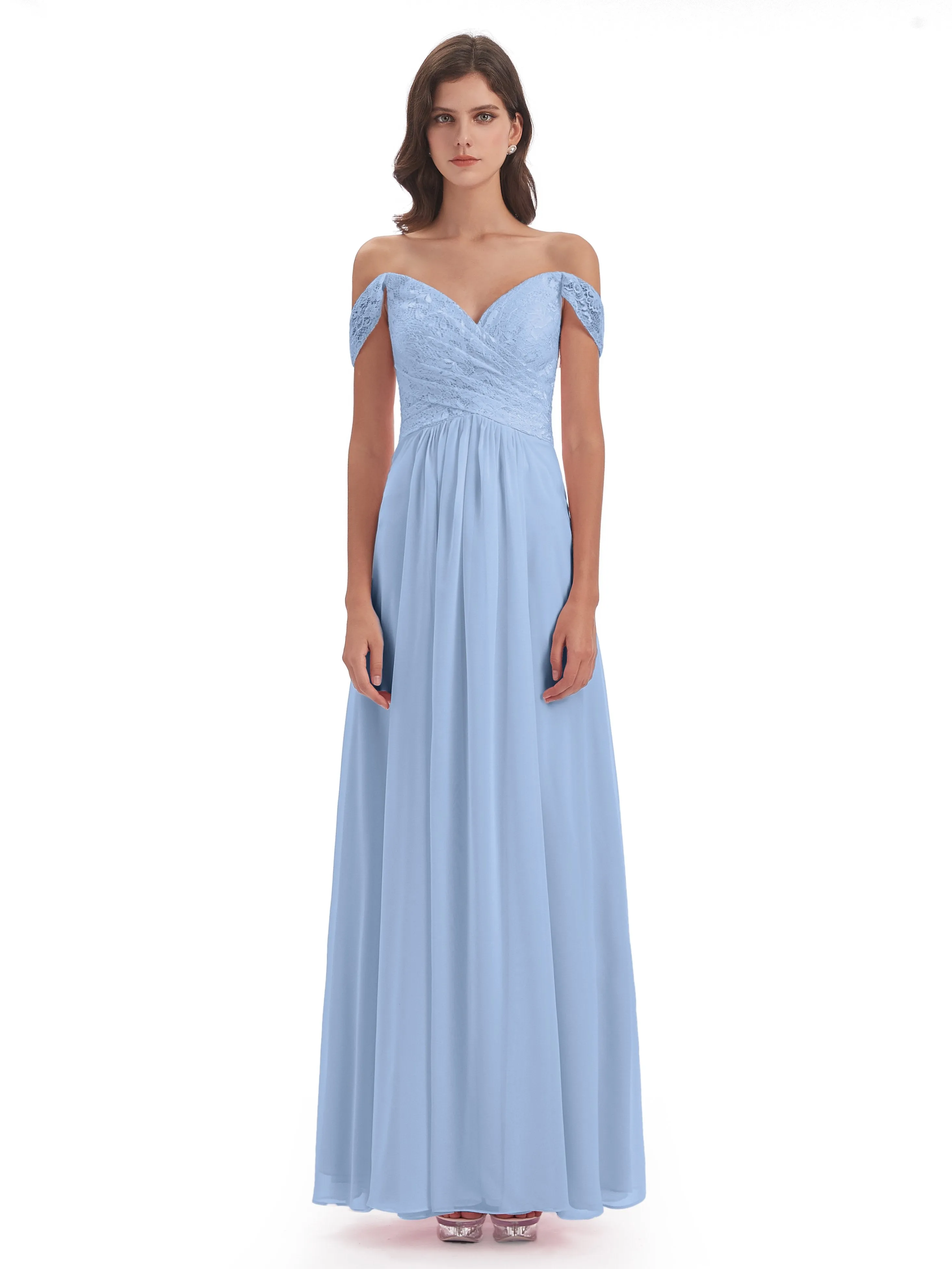 Aurora Chiffon Off The Shoulder Floor-Length Bridesmaid Dresses