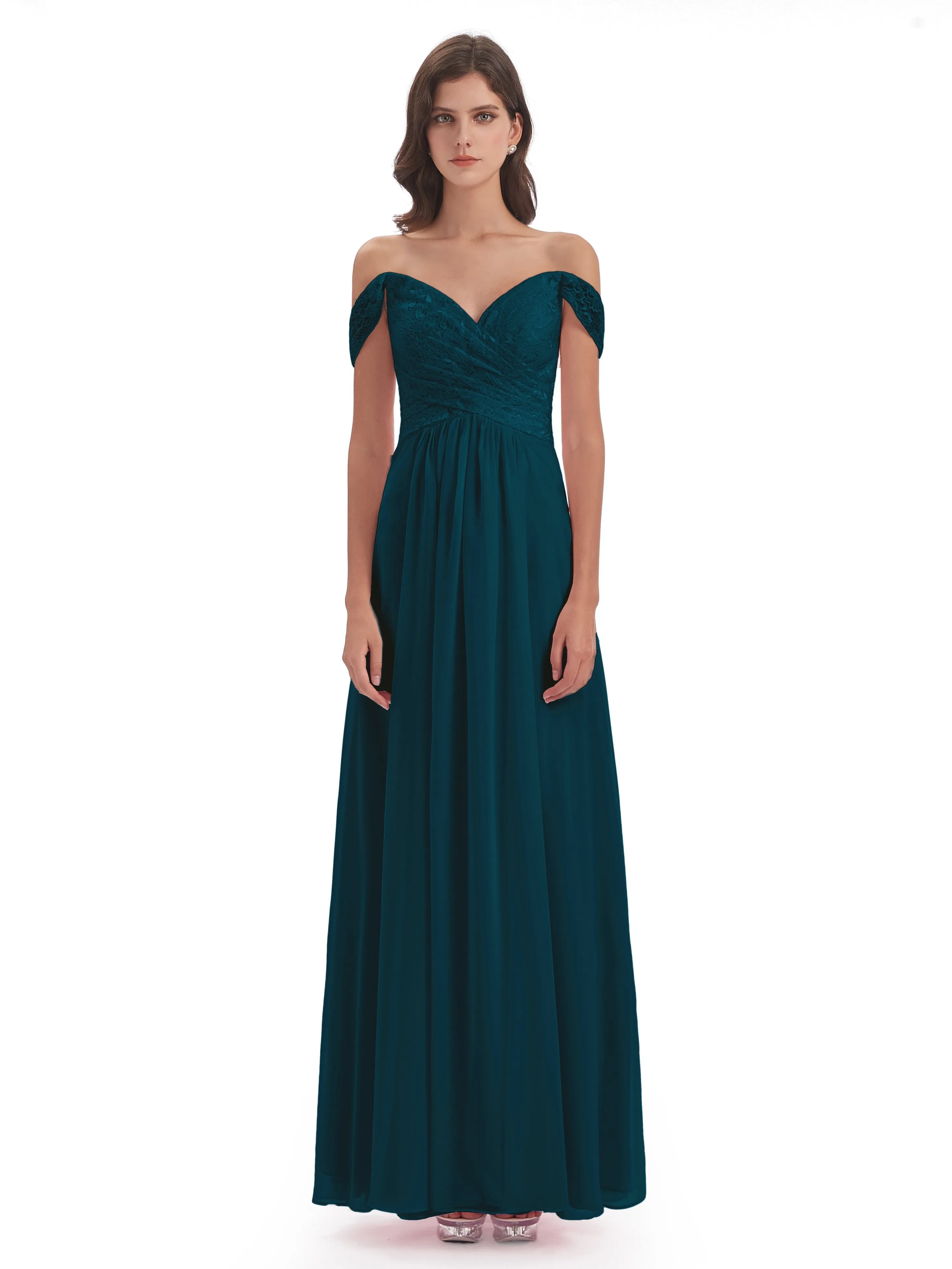 Aurora Chiffon Off The Shoulder Floor-Length Bridesmaid Dresses