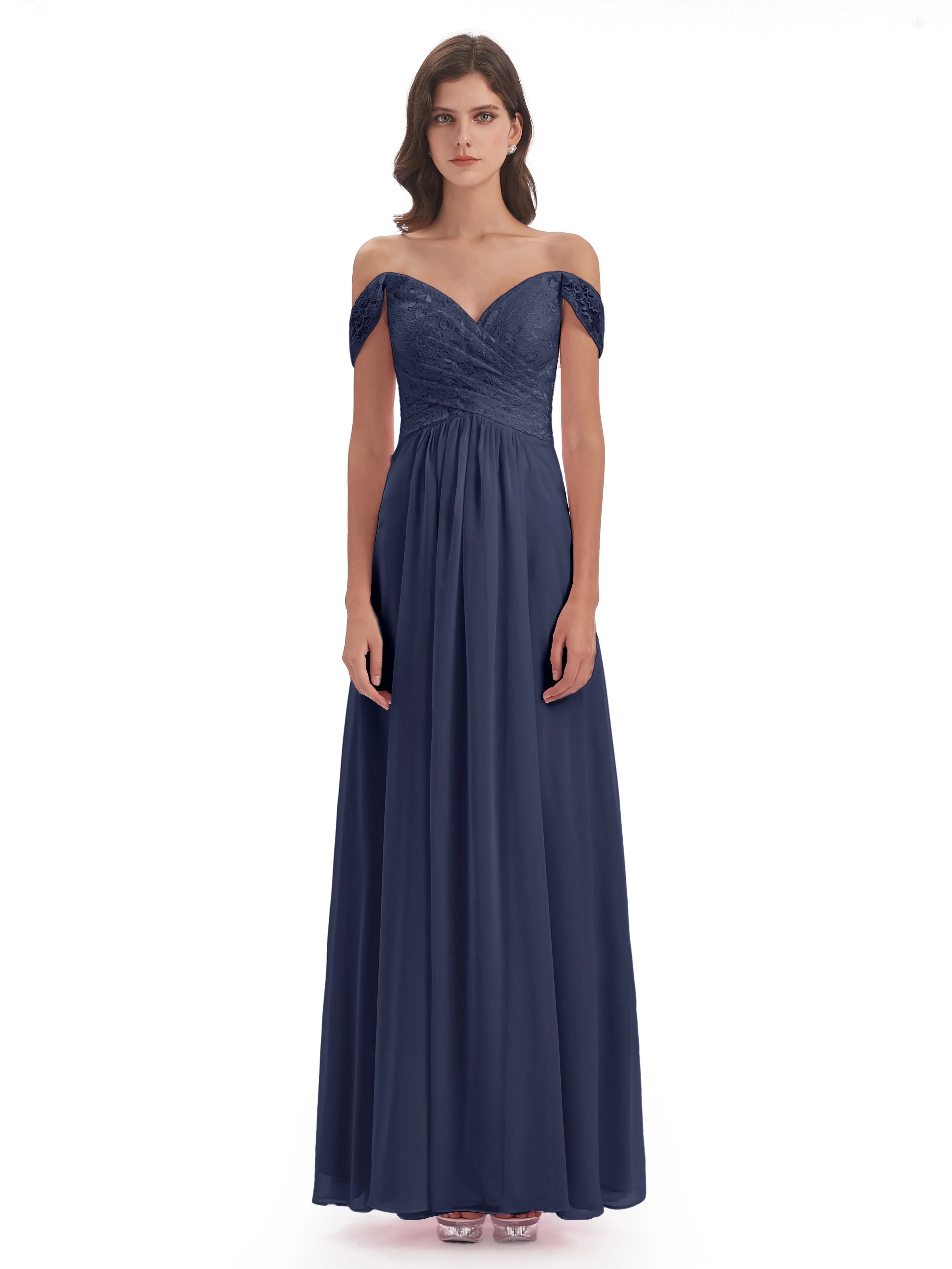 Aurora Chiffon Off The Shoulder Floor-Length Bridesmaid Dresses