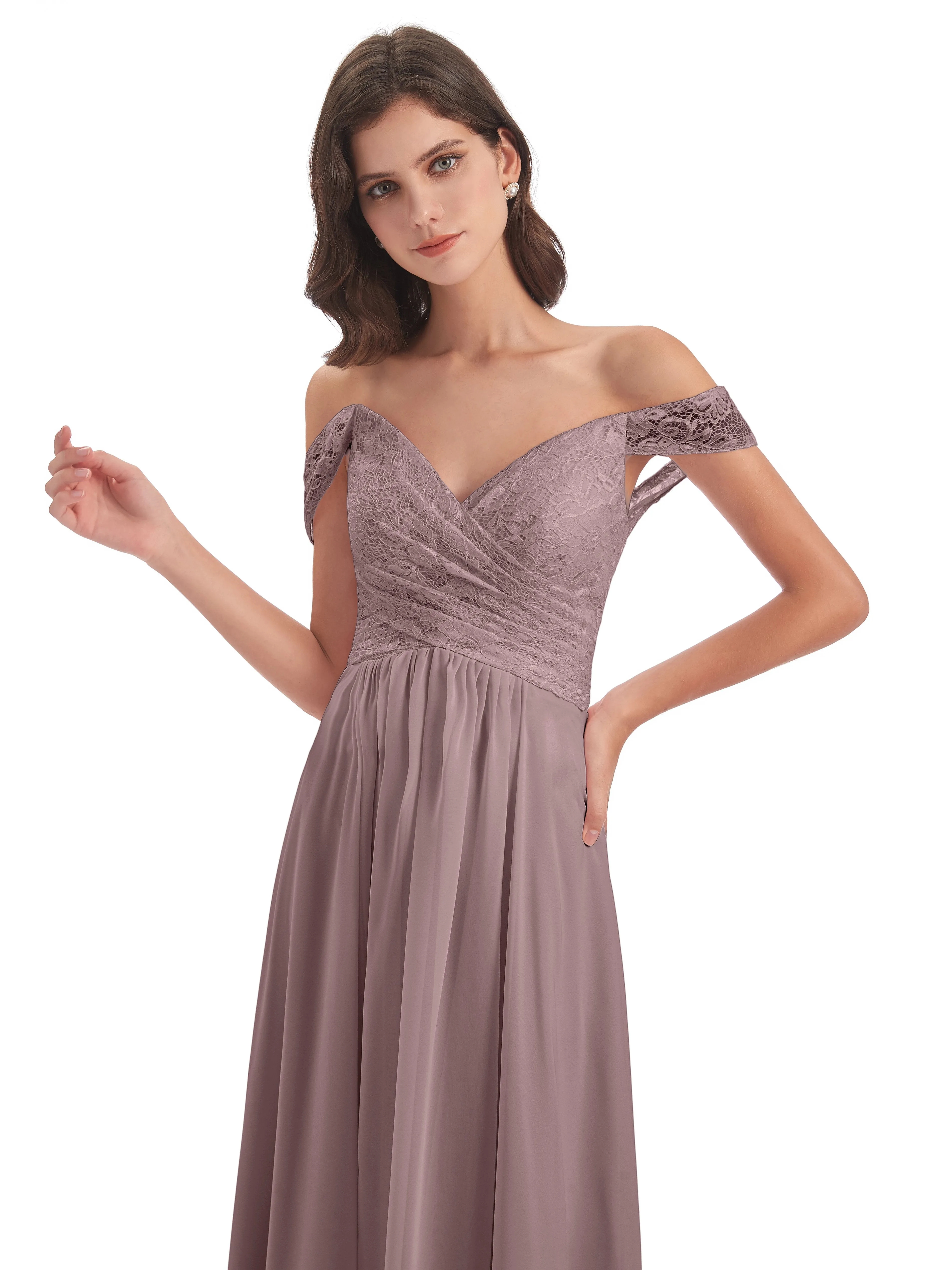 Aurora Chiffon Off The Shoulder Floor-Length Bridesmaid Dresses