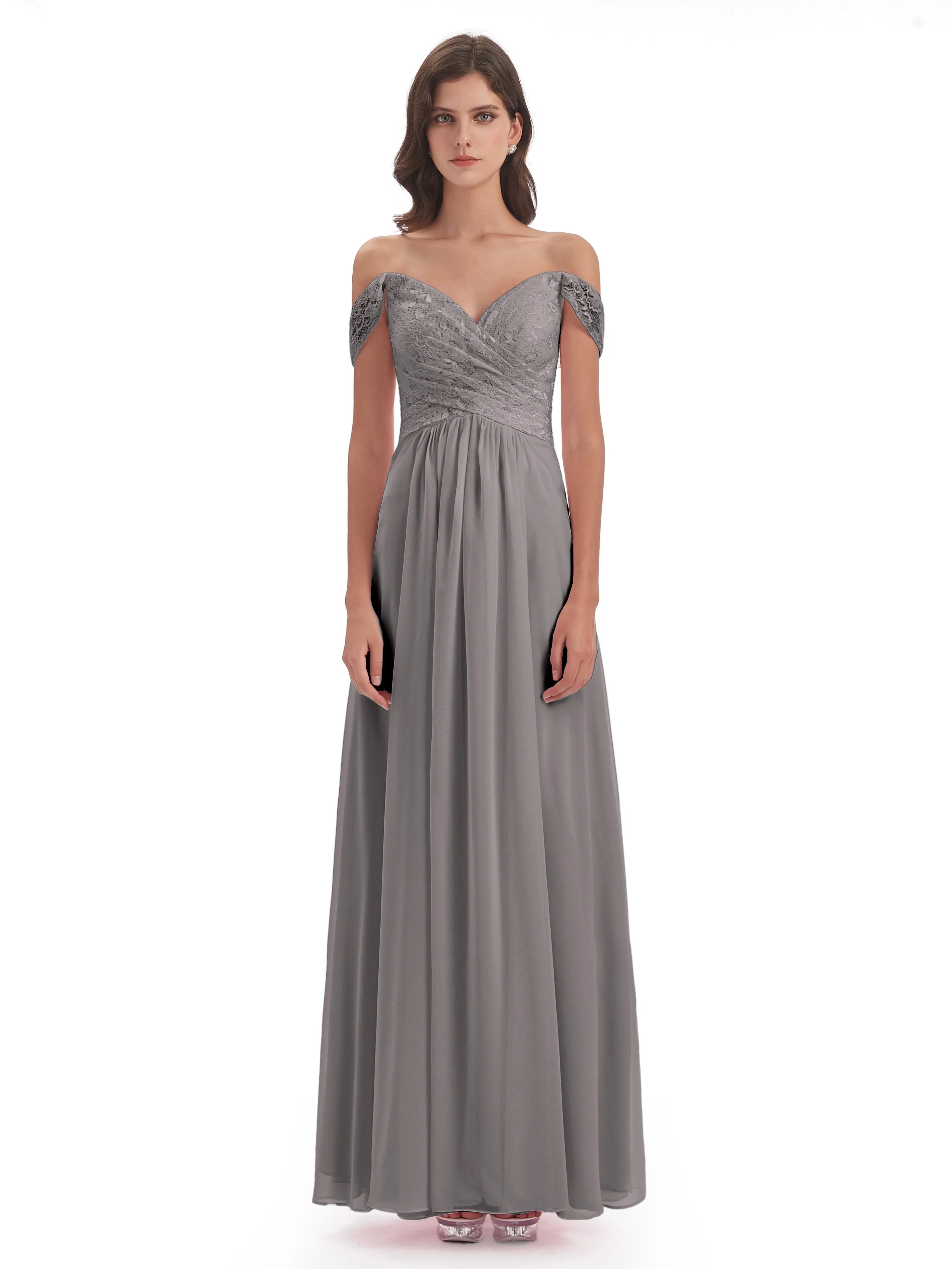 Aurora Chiffon Off The Shoulder Floor-Length Bridesmaid Dresses