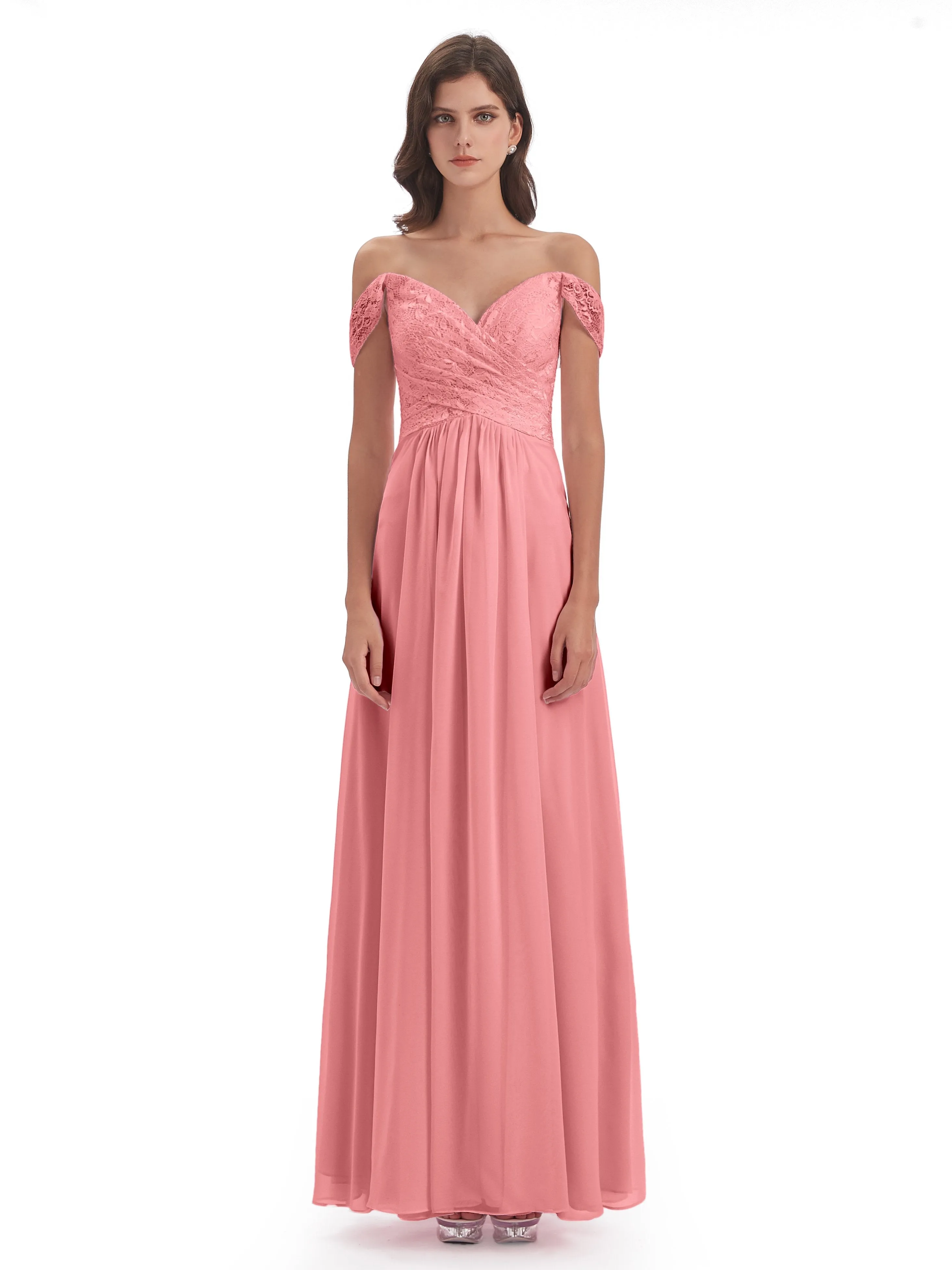 Aurora Chiffon Off The Shoulder Floor-Length Bridesmaid Dresses