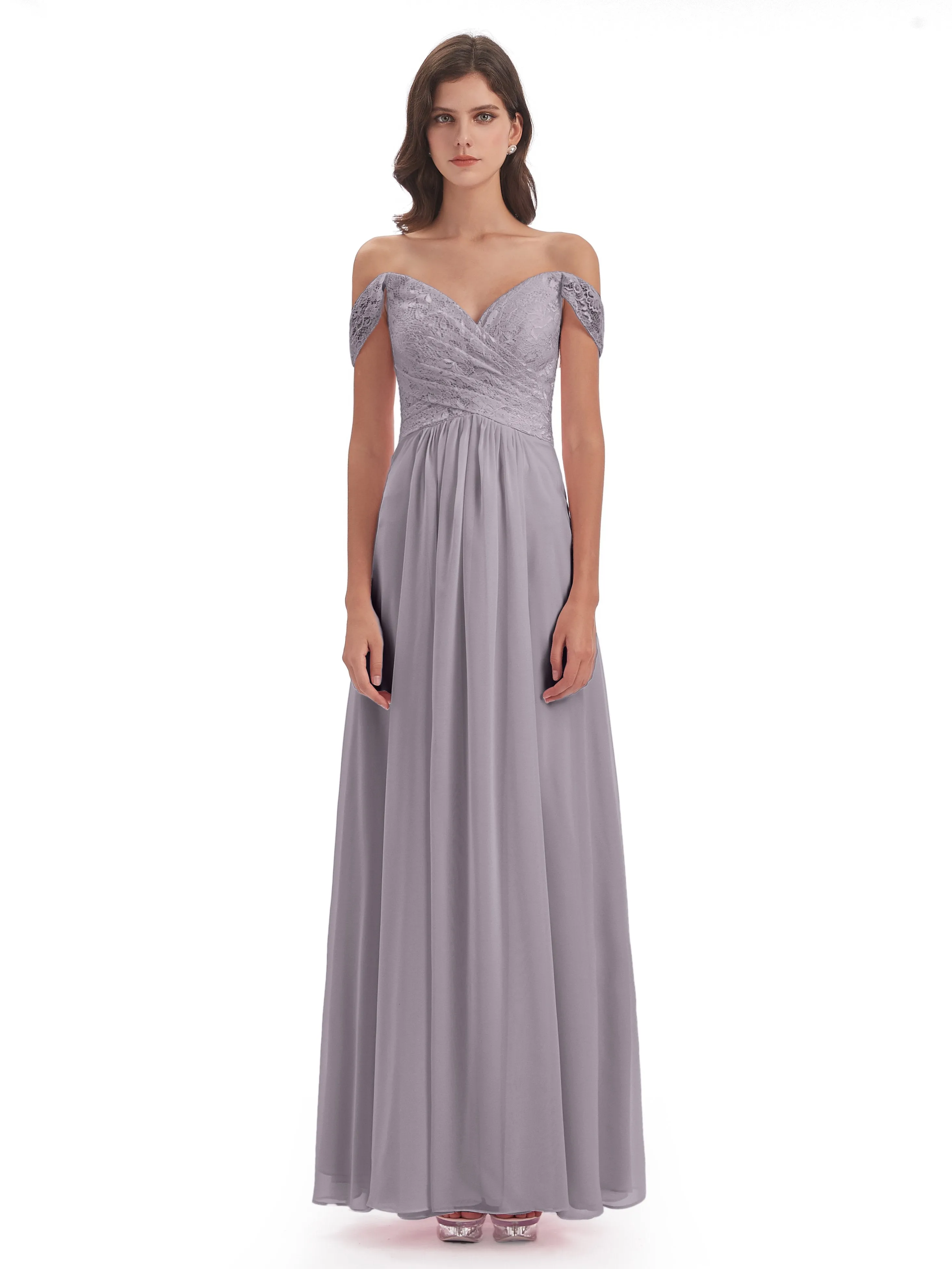 Aurora Chiffon Off The Shoulder Floor-Length Bridesmaid Dresses