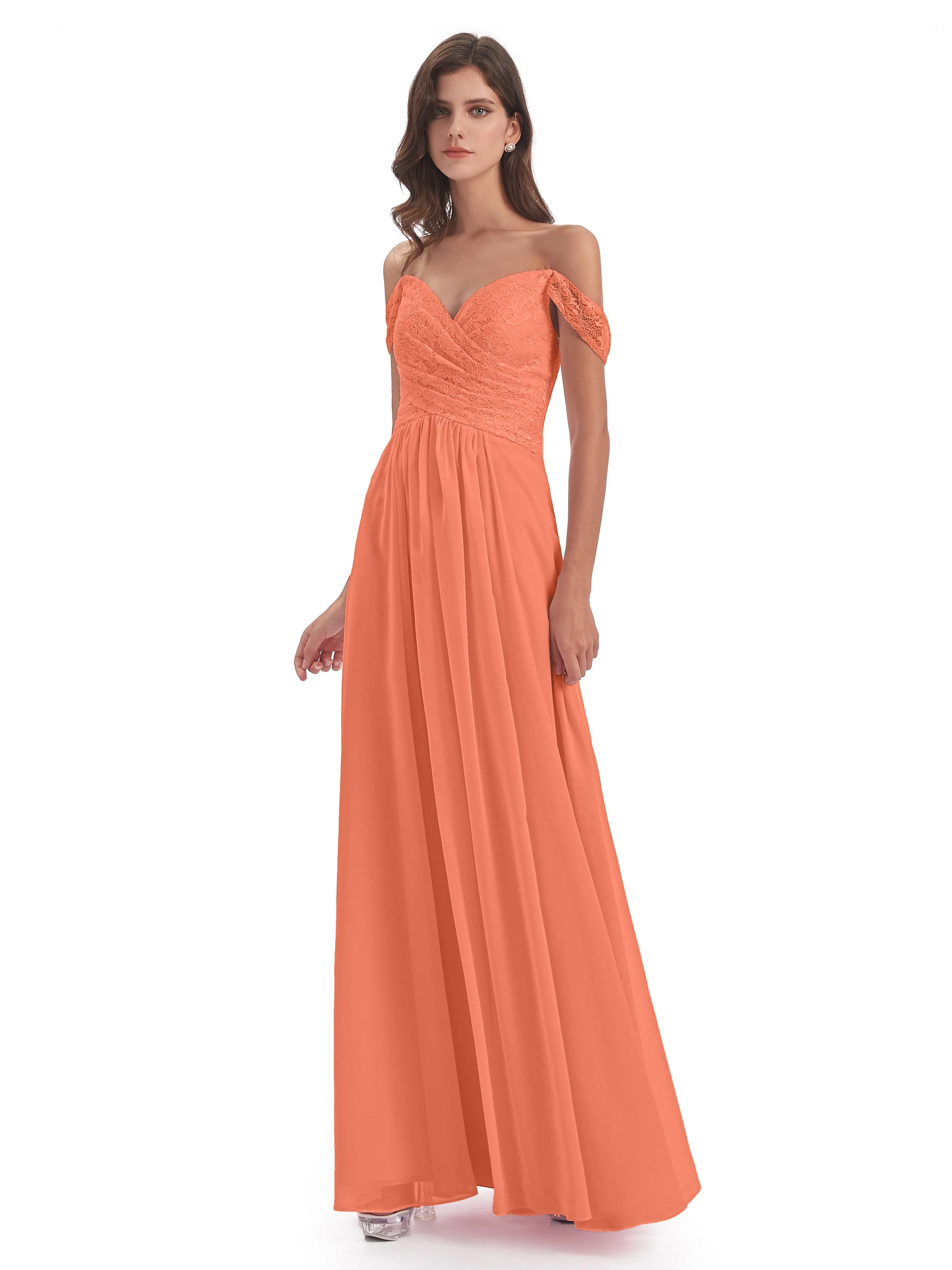 Aurora Chiffon Off The Shoulder Floor-Length Bridesmaid Dresses