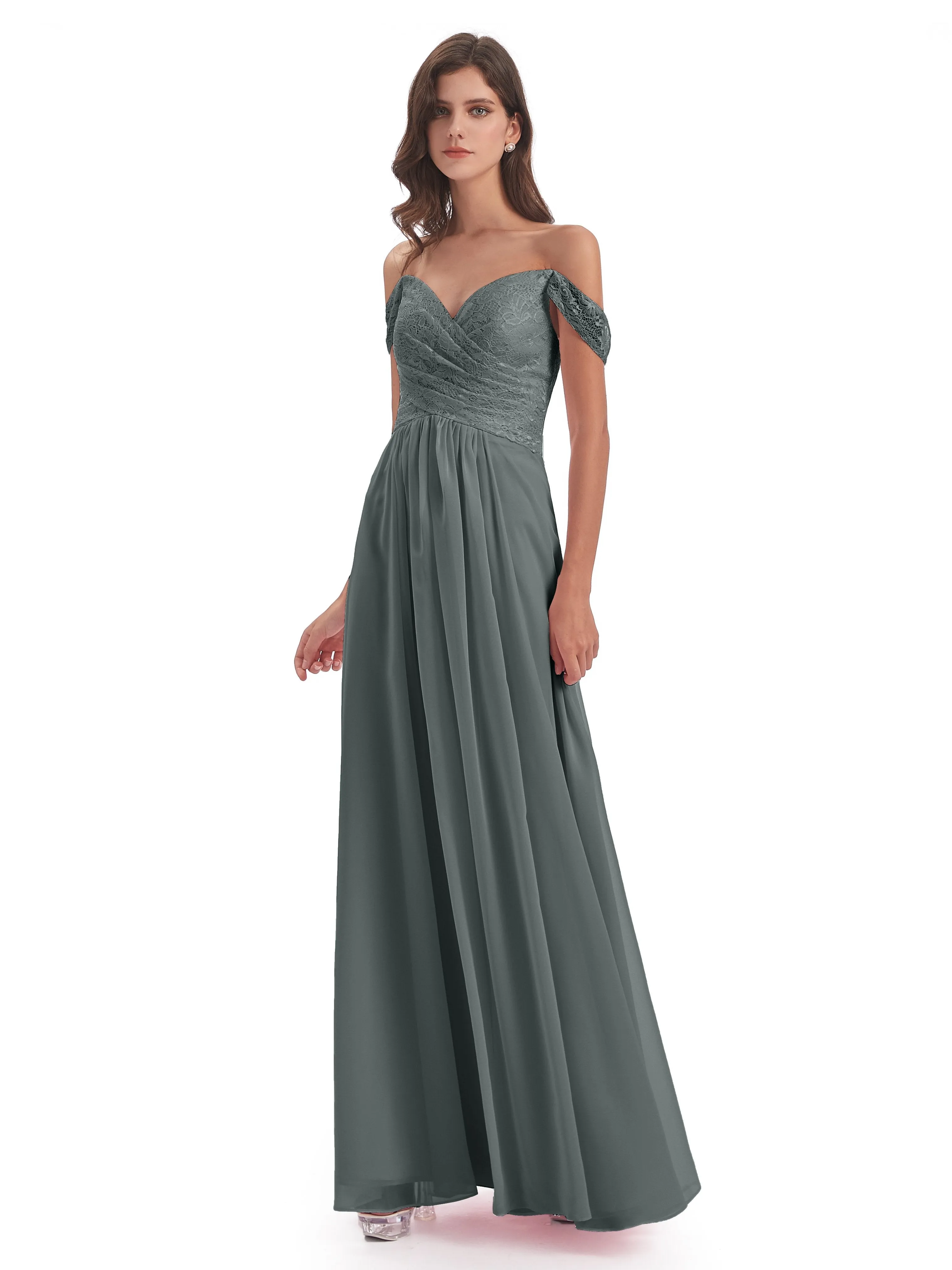 Aurora Chiffon Off The Shoulder Floor-Length Bridesmaid Dresses