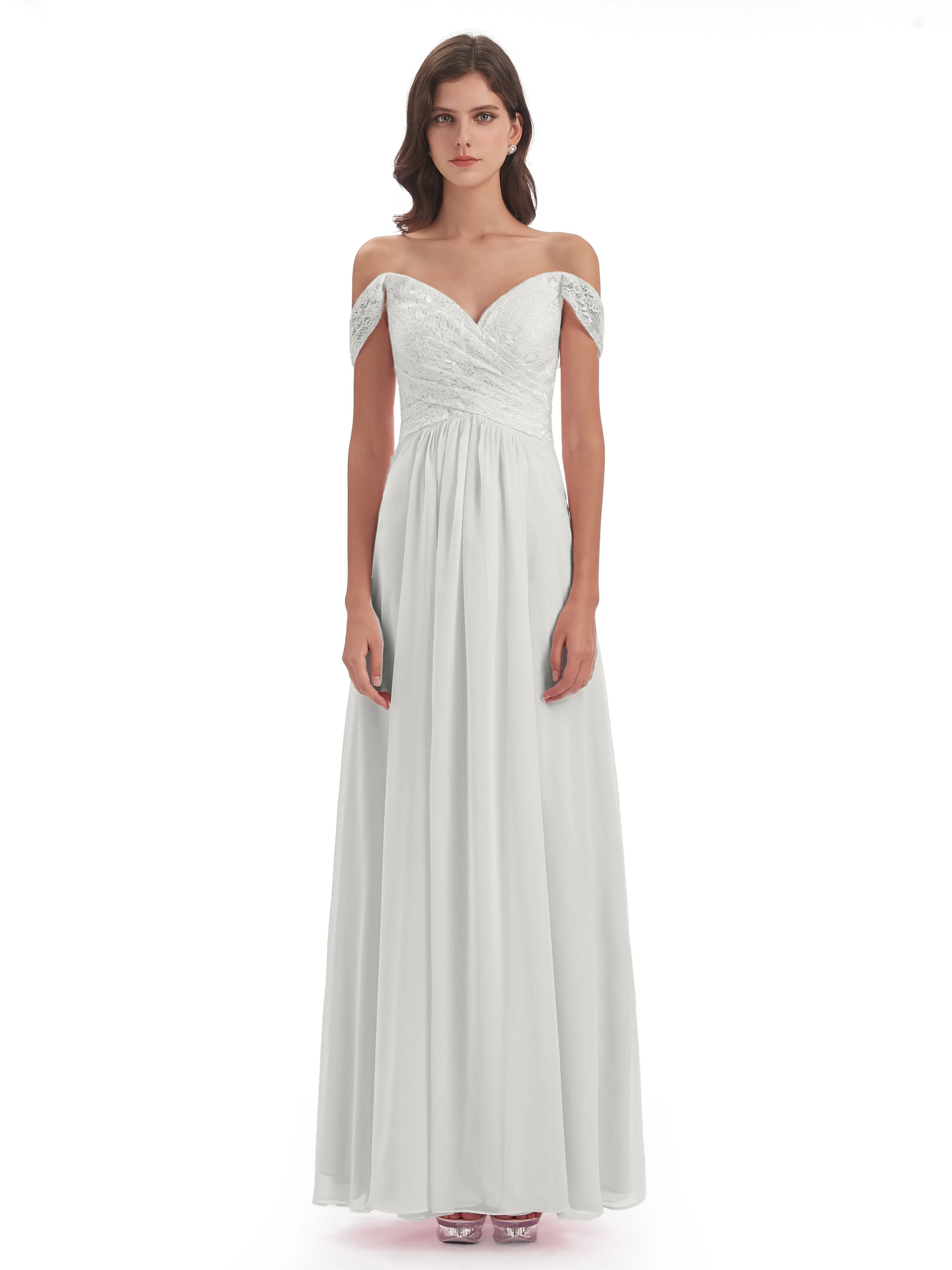 Aurora Chiffon Off The Shoulder Floor-Length Bridesmaid Dresses