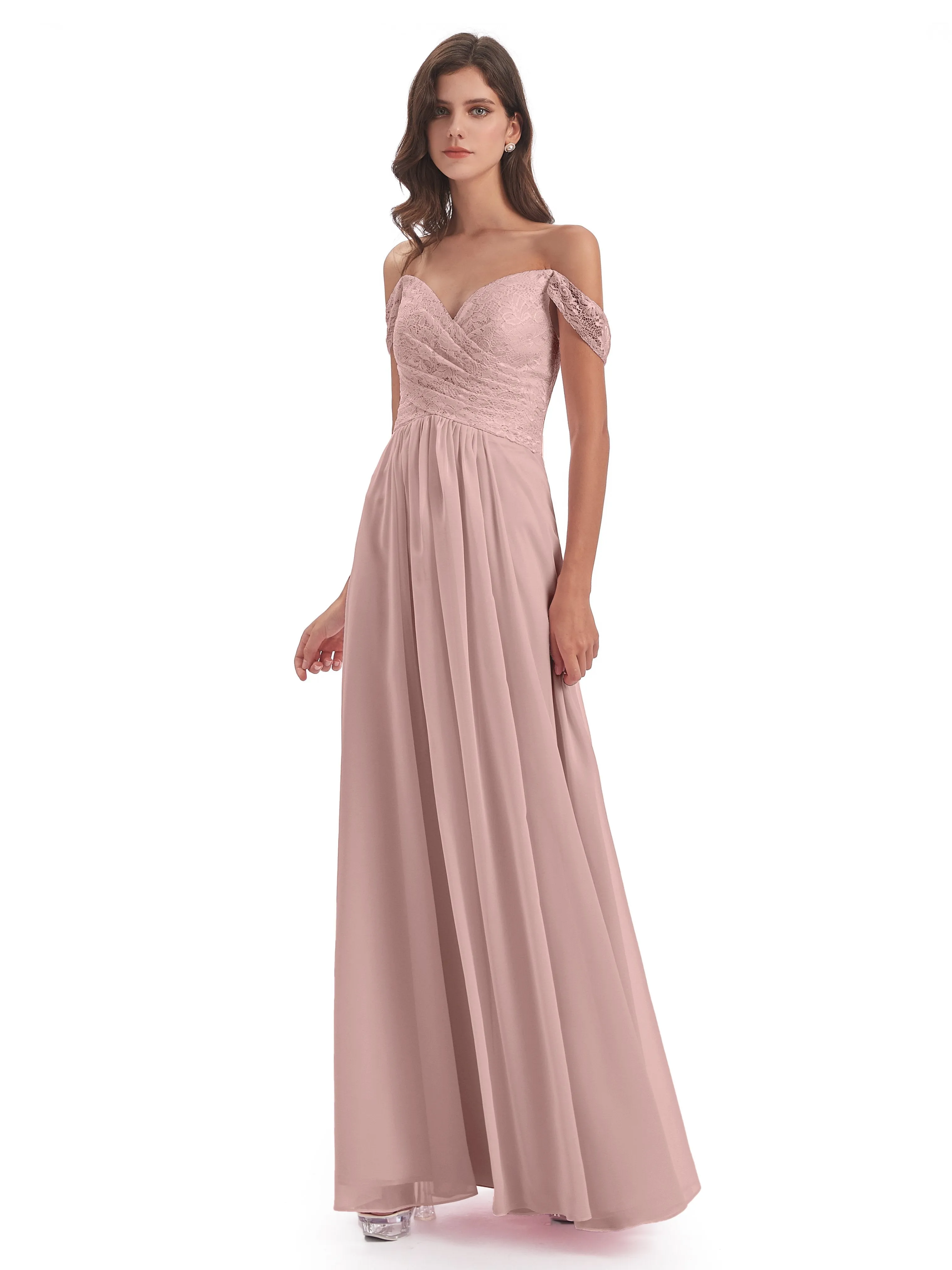 Aurora Chiffon Off The Shoulder Floor-Length Bridesmaid Dresses