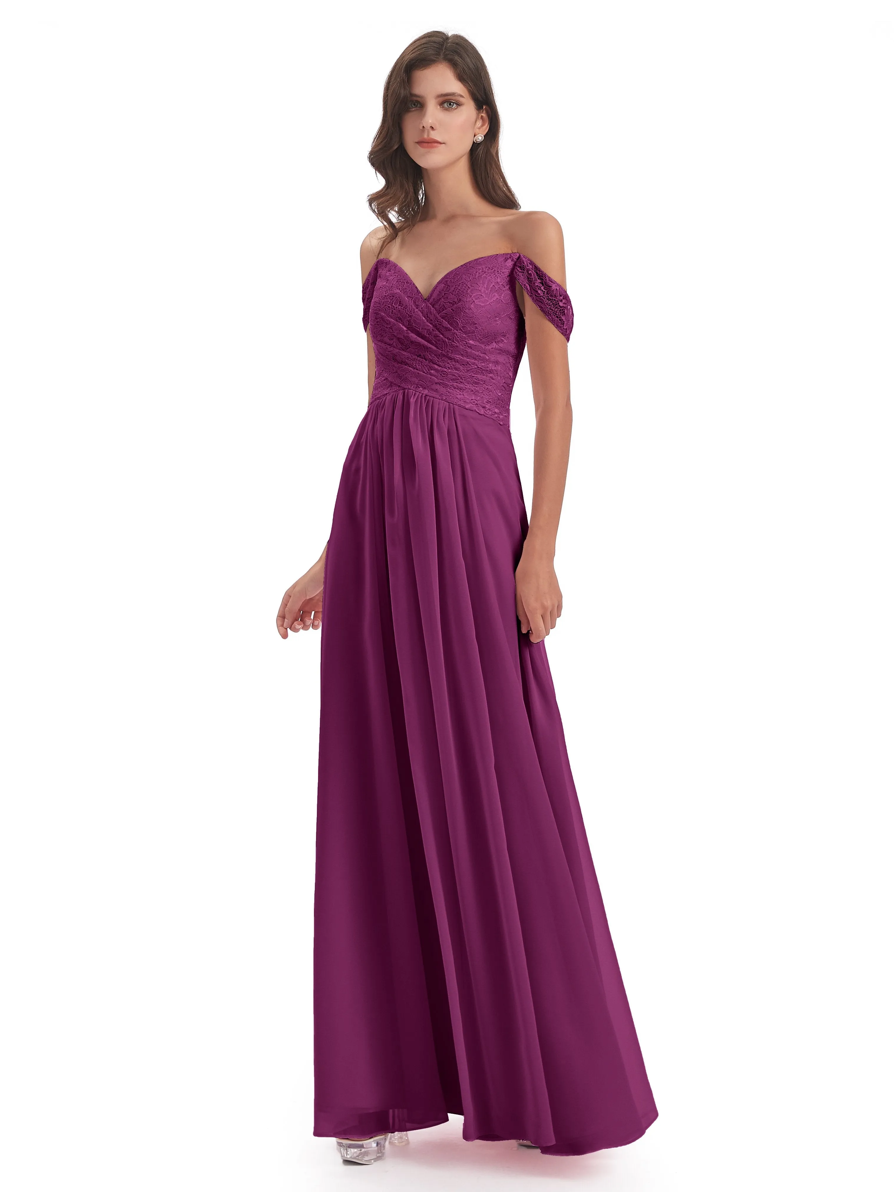 Aurora Chiffon Off The Shoulder Floor-Length Bridesmaid Dresses