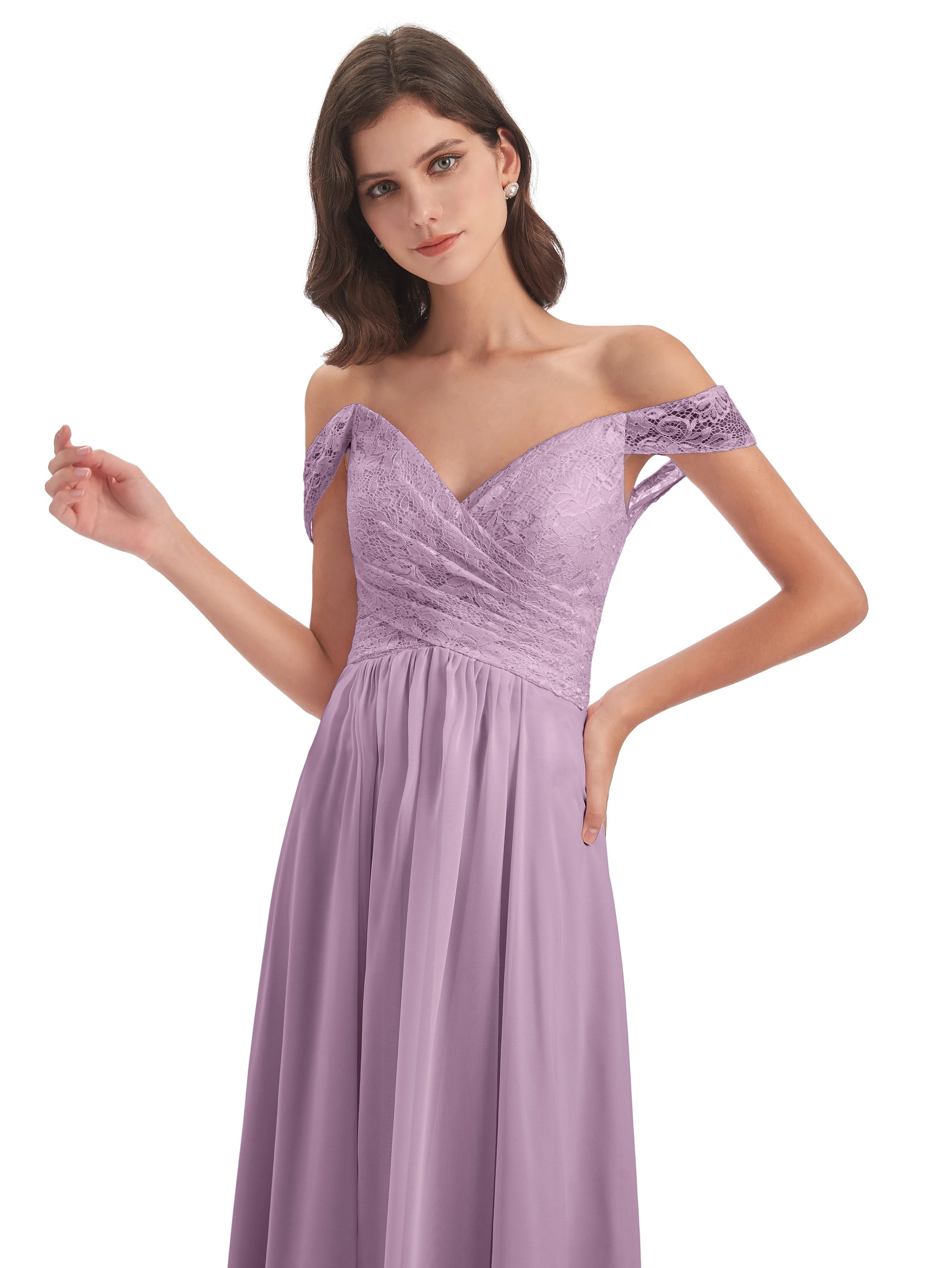 Aurora Chiffon Off The Shoulder Floor-Length Bridesmaid Dresses