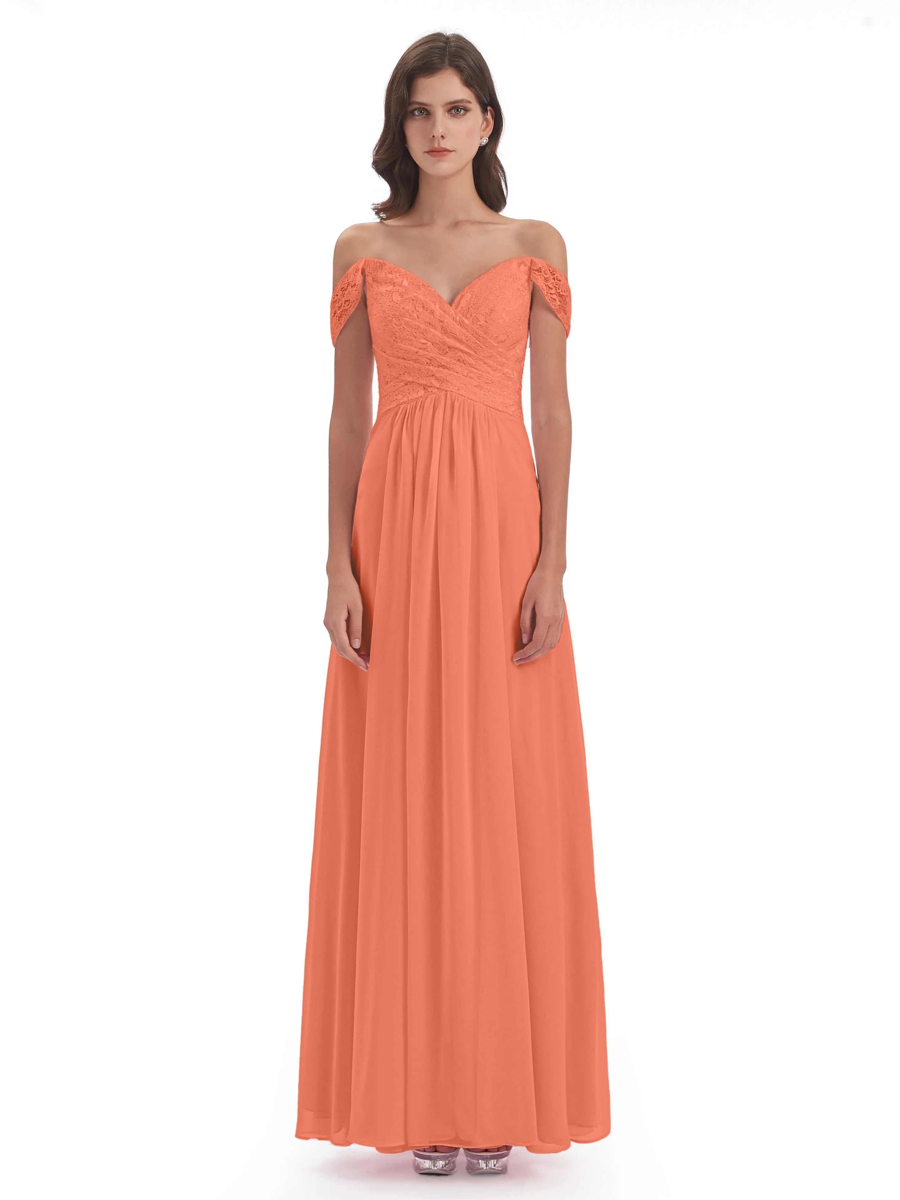 Aurora Chiffon Off The Shoulder Floor-Length Bridesmaid Dresses