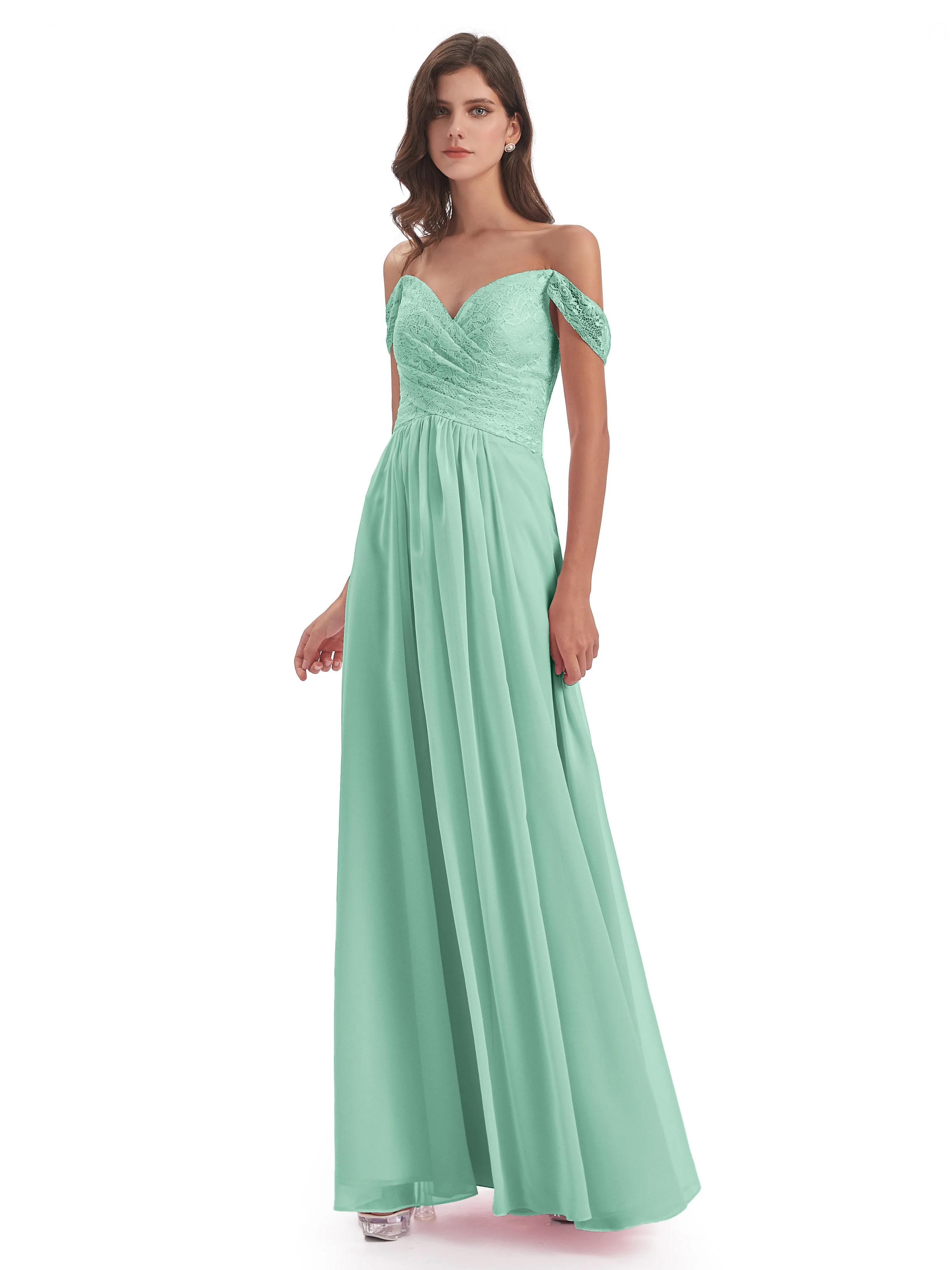 Aurora Chiffon Off The Shoulder Floor-Length Bridesmaid Dresses