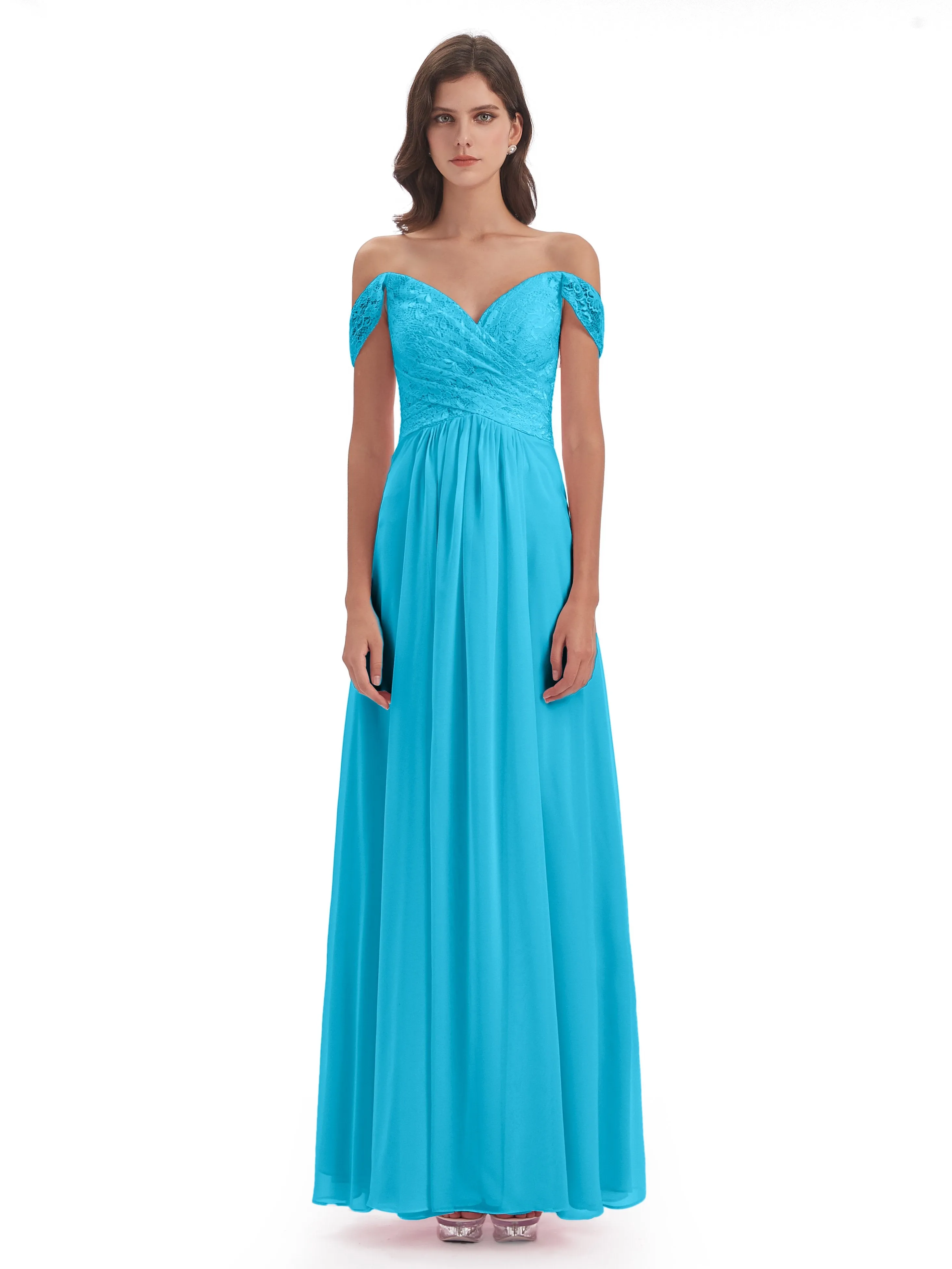 Aurora Chiffon Off The Shoulder Floor-Length Bridesmaid Dresses