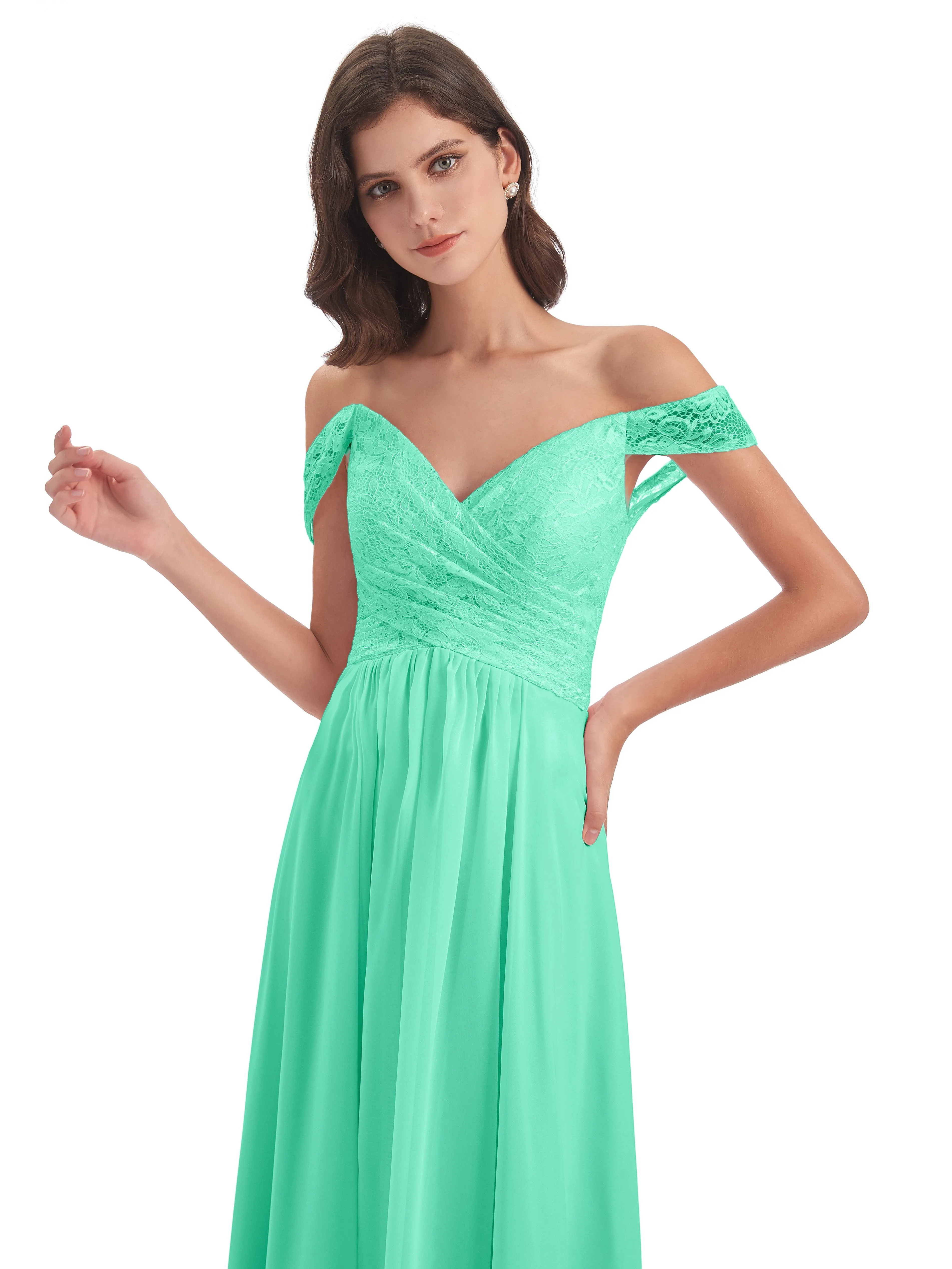 Aurora Chiffon Off The Shoulder Floor-Length Bridesmaid Dresses