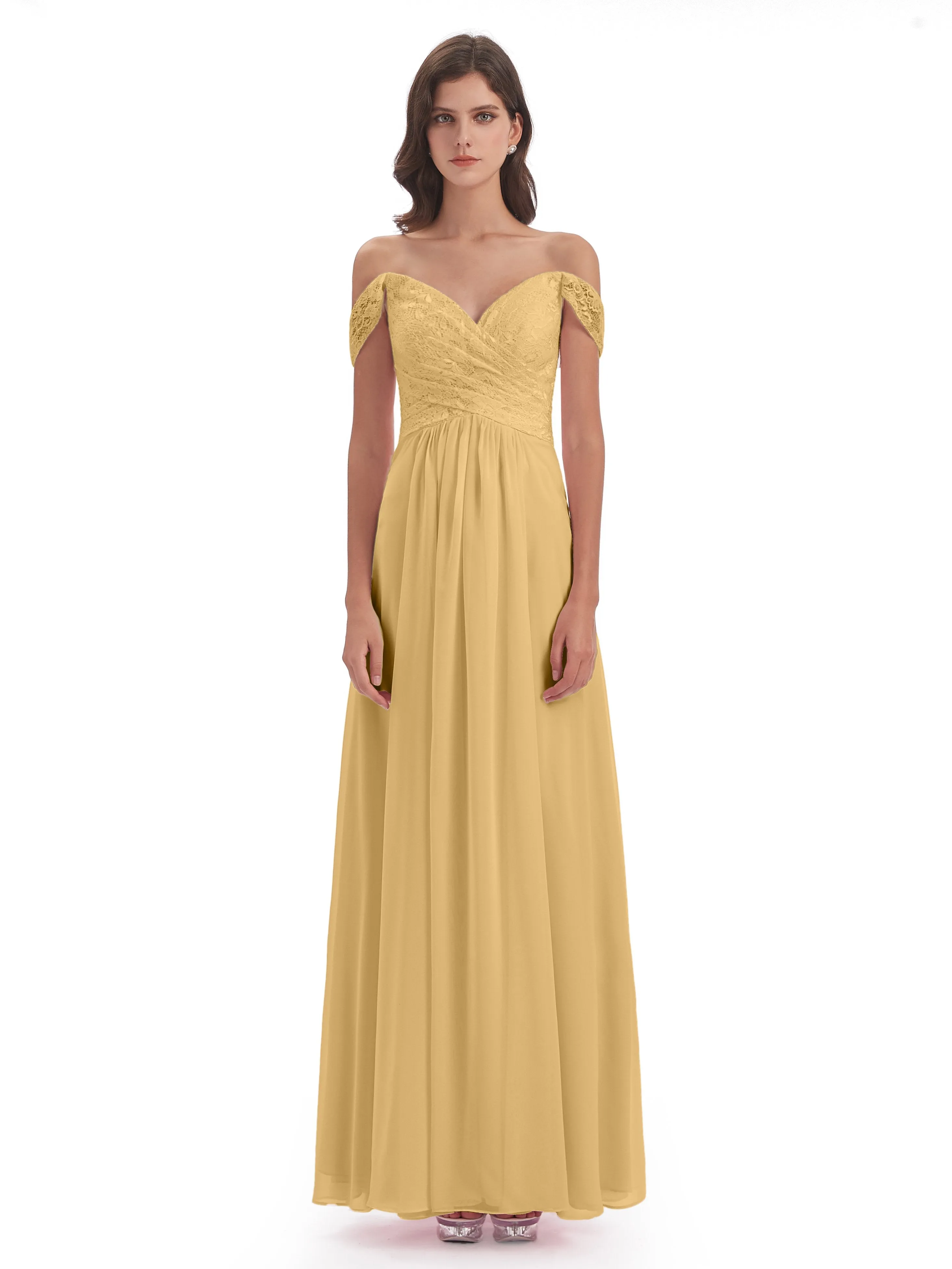 Aurora Chiffon Off The Shoulder Floor-Length Bridesmaid Dresses