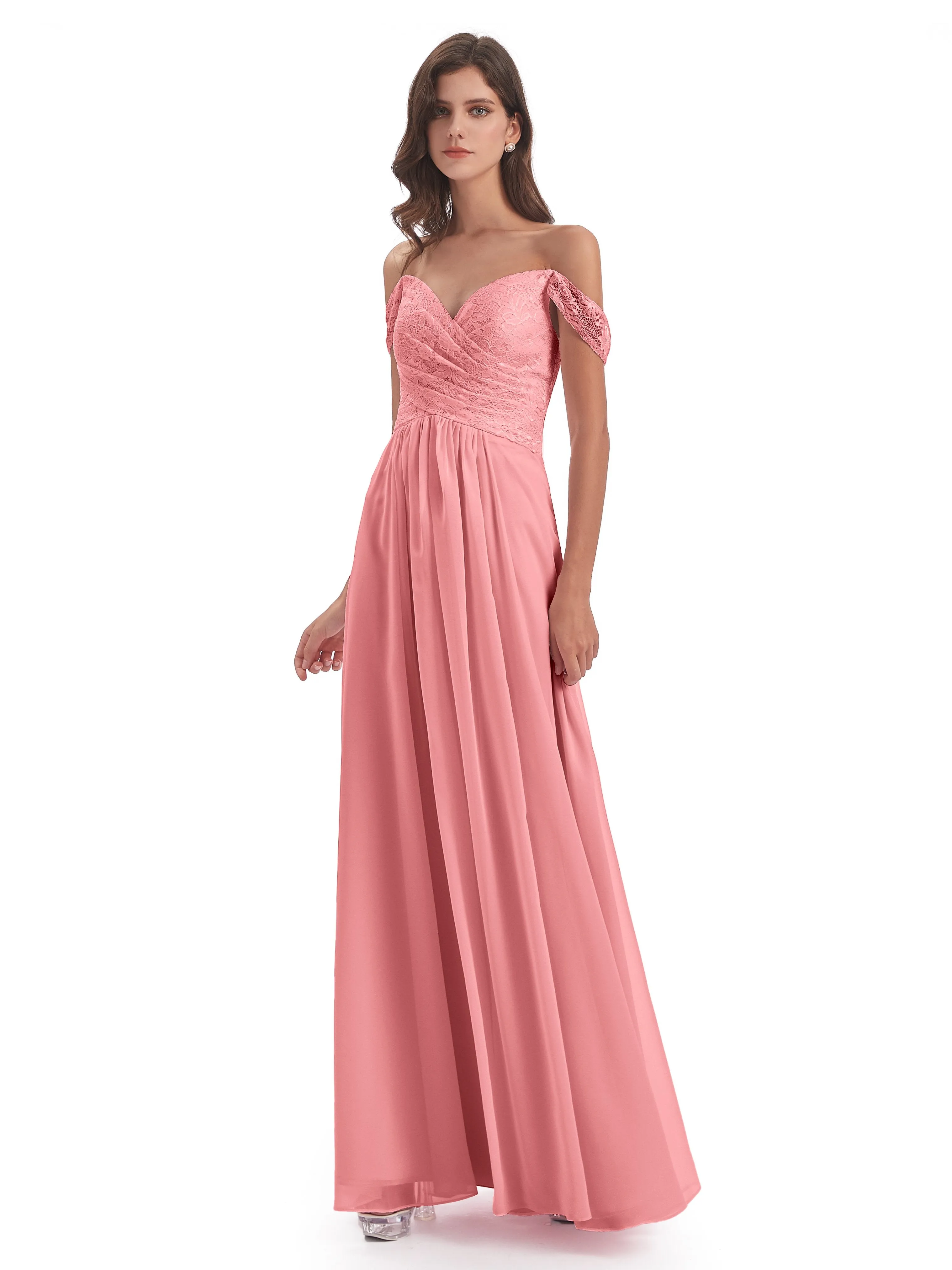 Aurora Chiffon Off The Shoulder Floor-Length Bridesmaid Dresses