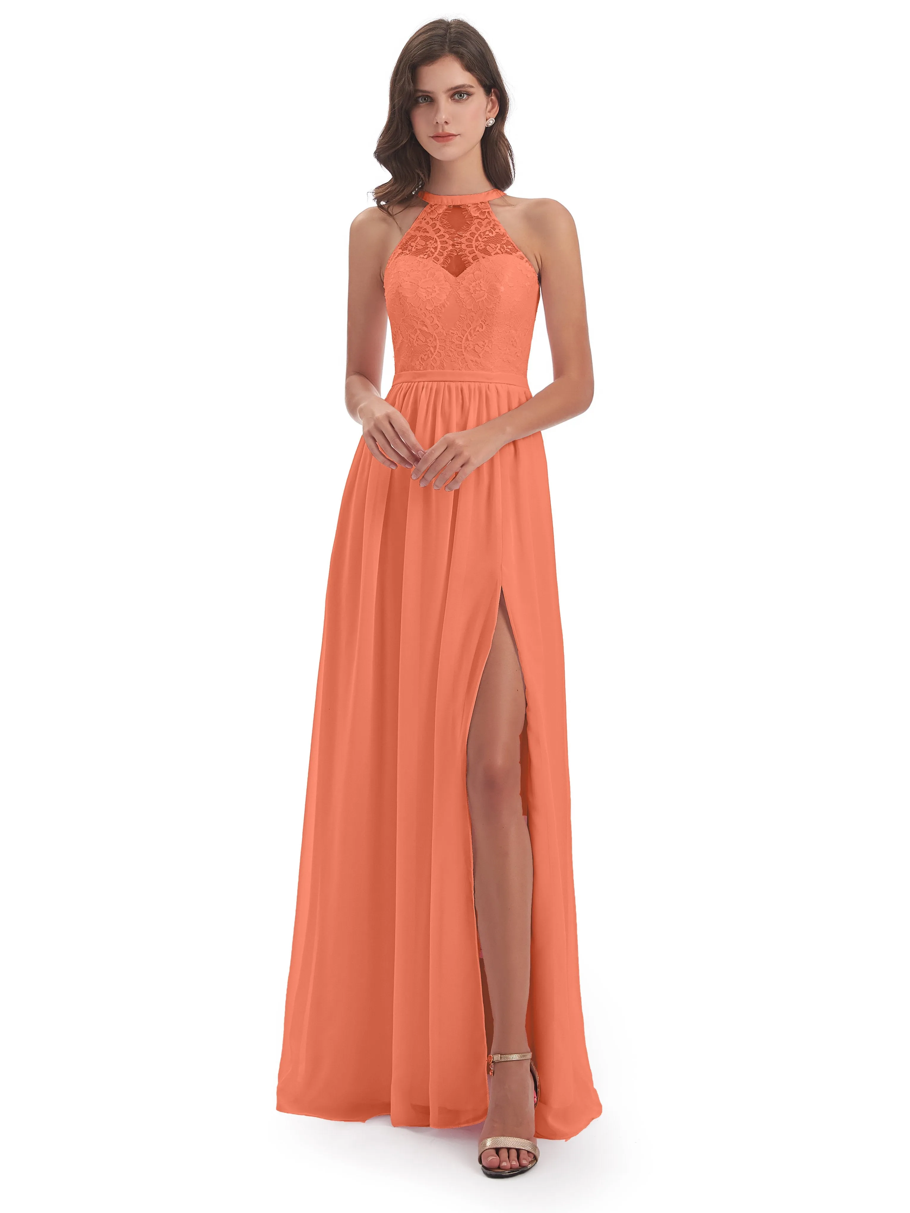 Ava Lace/Chiffon Split Floor-Length Bridesmaid Dresses