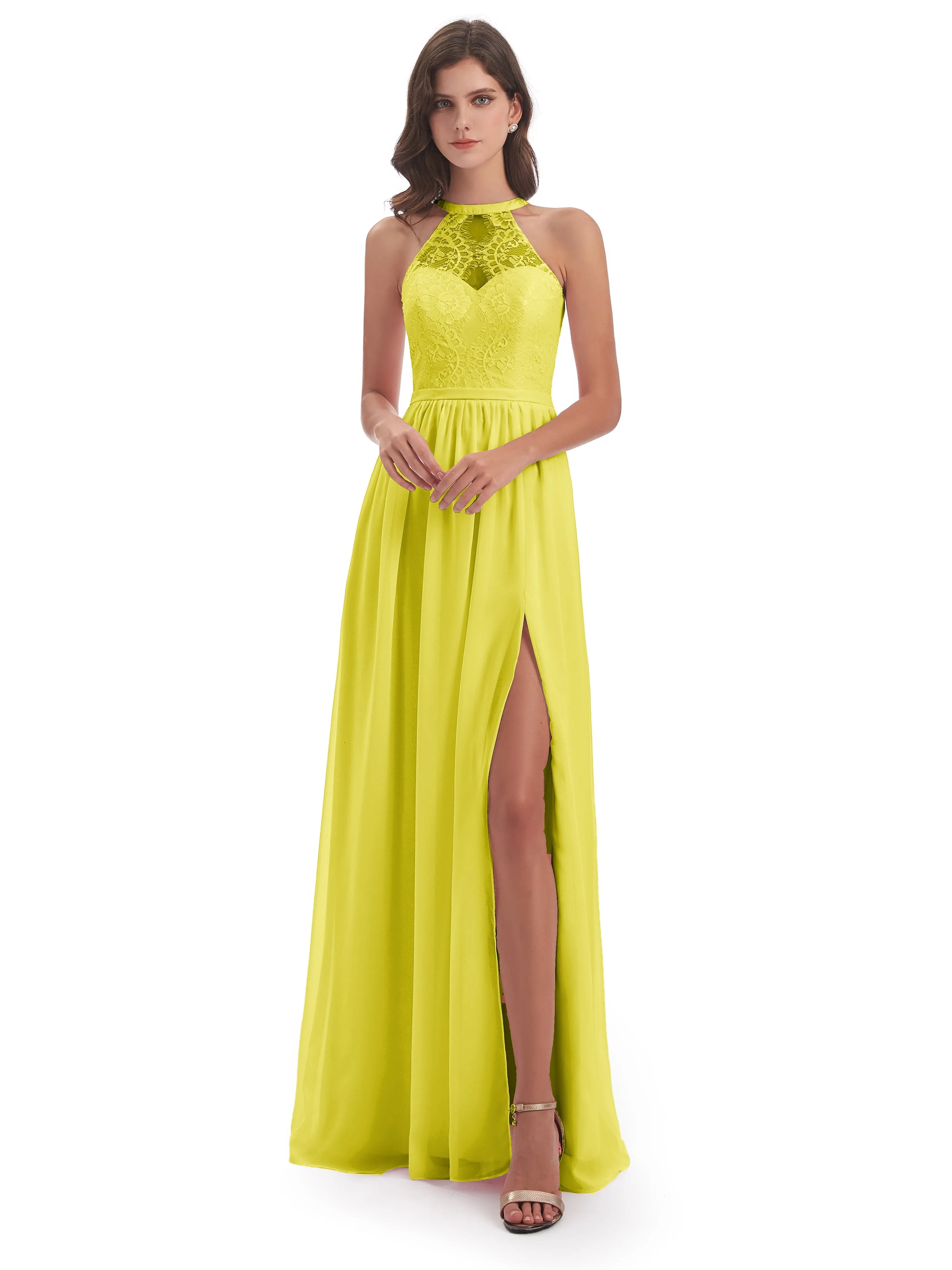 Ava Lace/Chiffon Split Floor-Length Bridesmaid Dresses